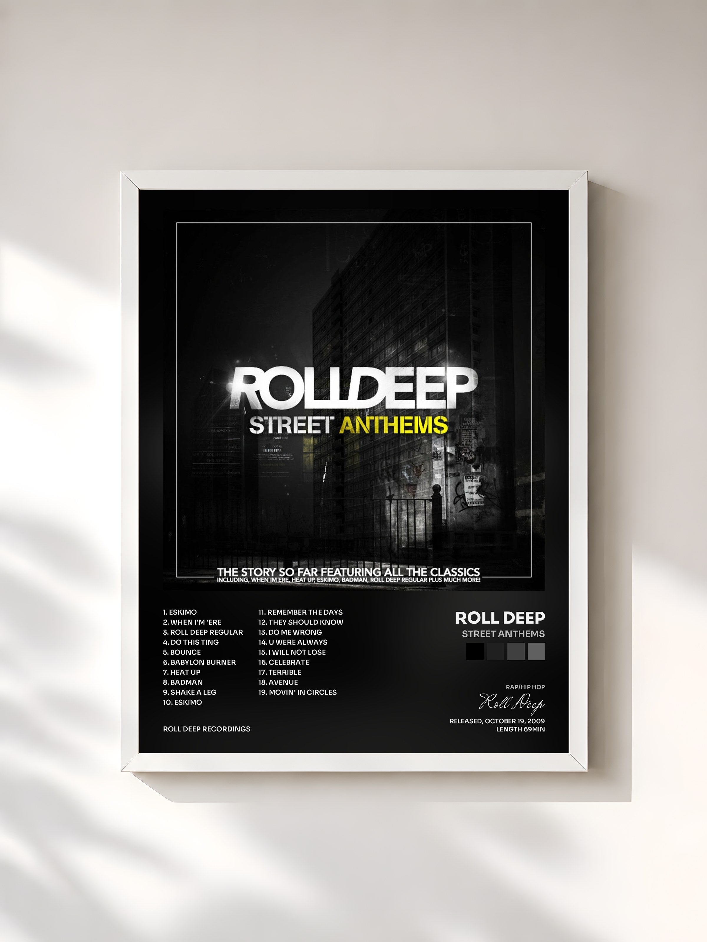 #blanc Tableau de l'album Street Anthems de Roll Deep, cadre blanc, imprimé et encadré en France