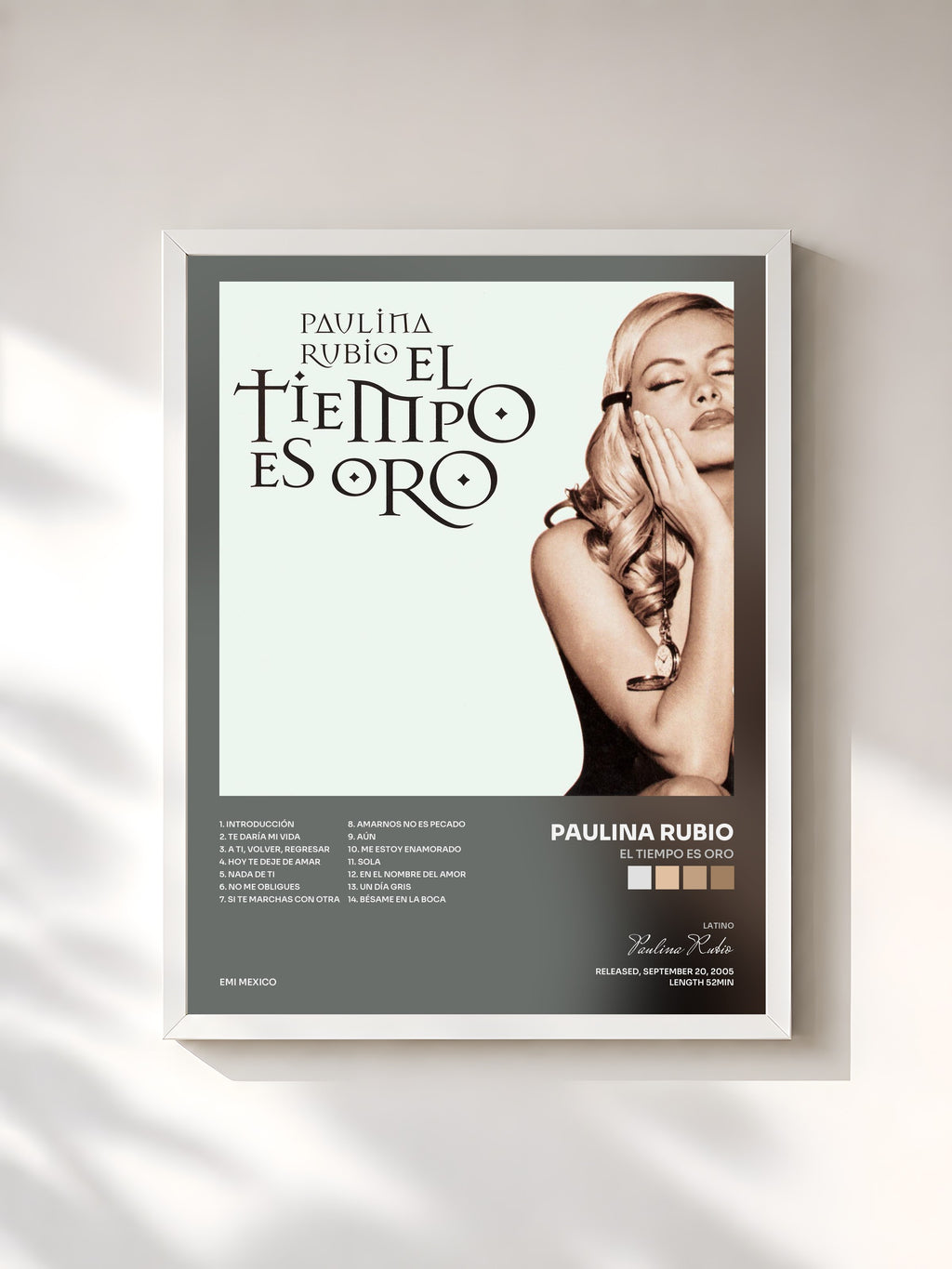 #blanc Tableau de l'album El Tiempo Es Oro de Paulina Rubio, cadre blanc, imprimé et encadré en France