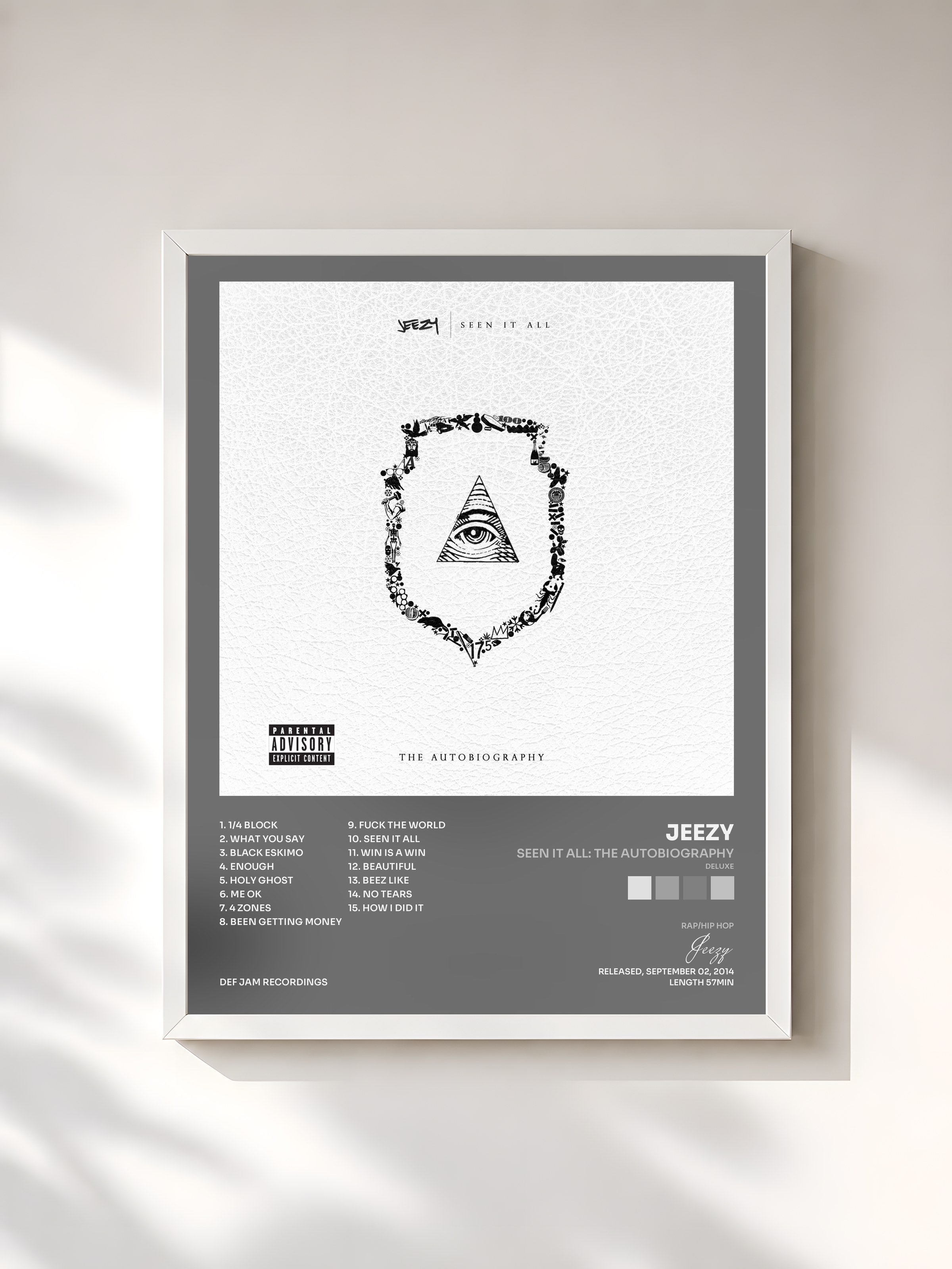 #blanc Tableau de l'album Seen It All: The Autobiography (Deluxe) de Jeezy, cadre blanc, imprimé et encadré en France