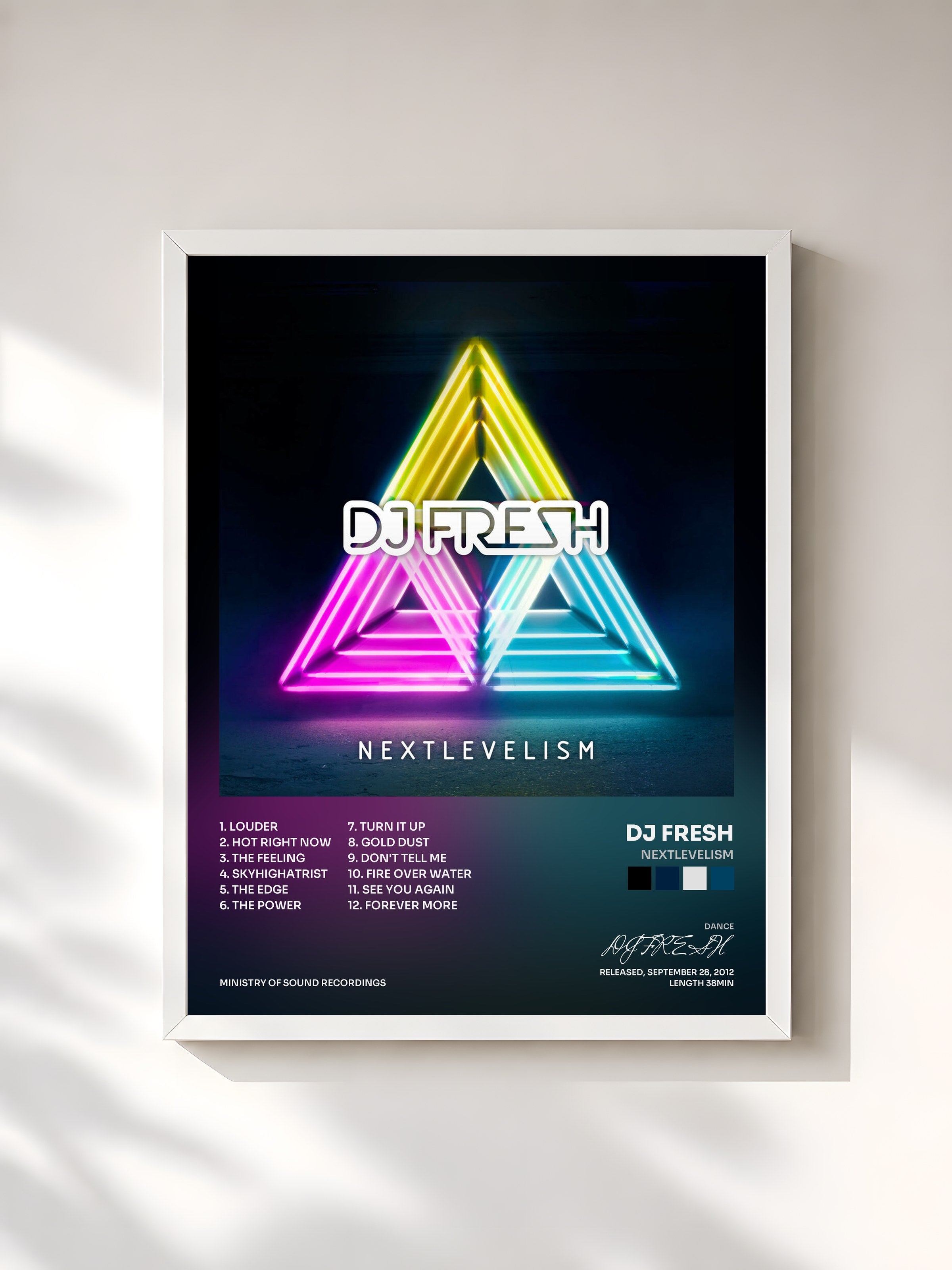 #blanc Tableau de l'album Nextlevelism de DJ FRESH, cadre blanc, imprimé et encadré en France