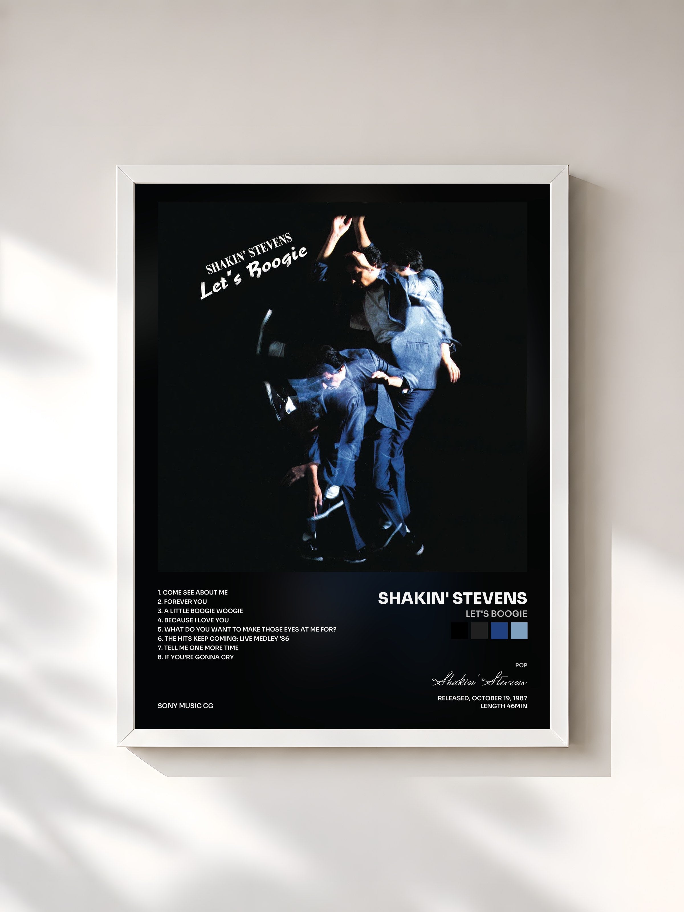 #blanc Tableau de l'album Let's Boogie de Shakin' Stevens, cadre blanc, imprimé et encadré en France
