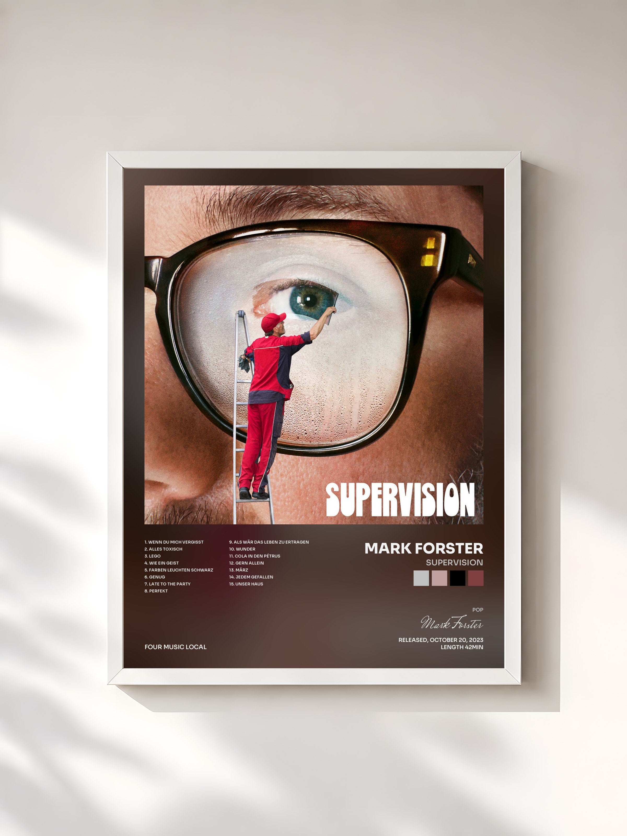 #blanc Tableau de l'album SUPERVISION de Mark Forster, cadre blanc, imprimé et encadré en France