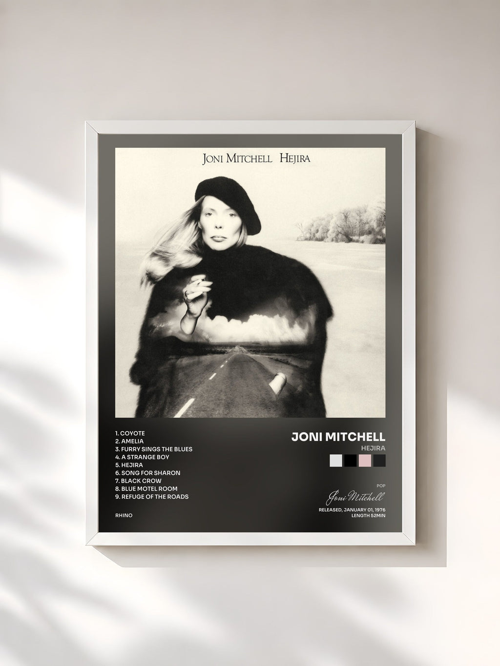 #blanc Tableau de l'album Hejira de Joni Mitchell, cadre blanc, imprimé et encadré en France