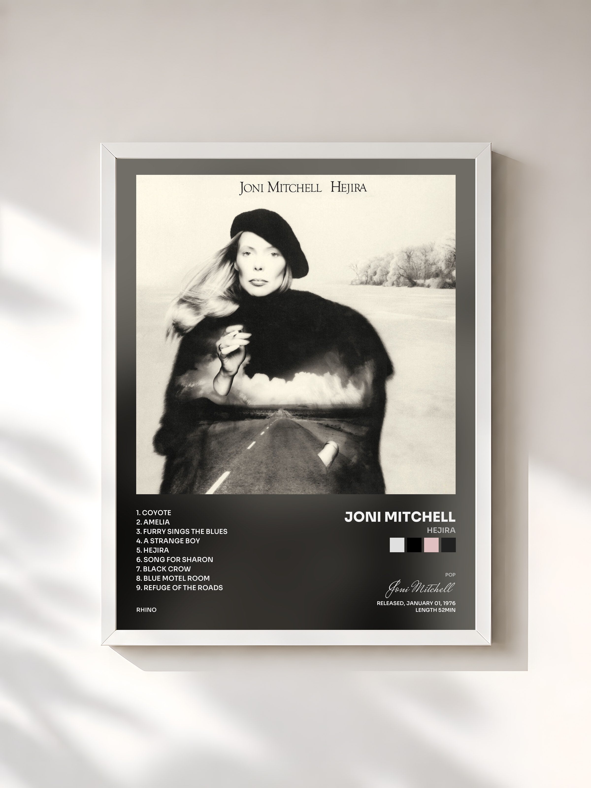 #blanc Tableau de l'album Hejira de Joni Mitchell, cadre blanc, imprimé et encadré en France