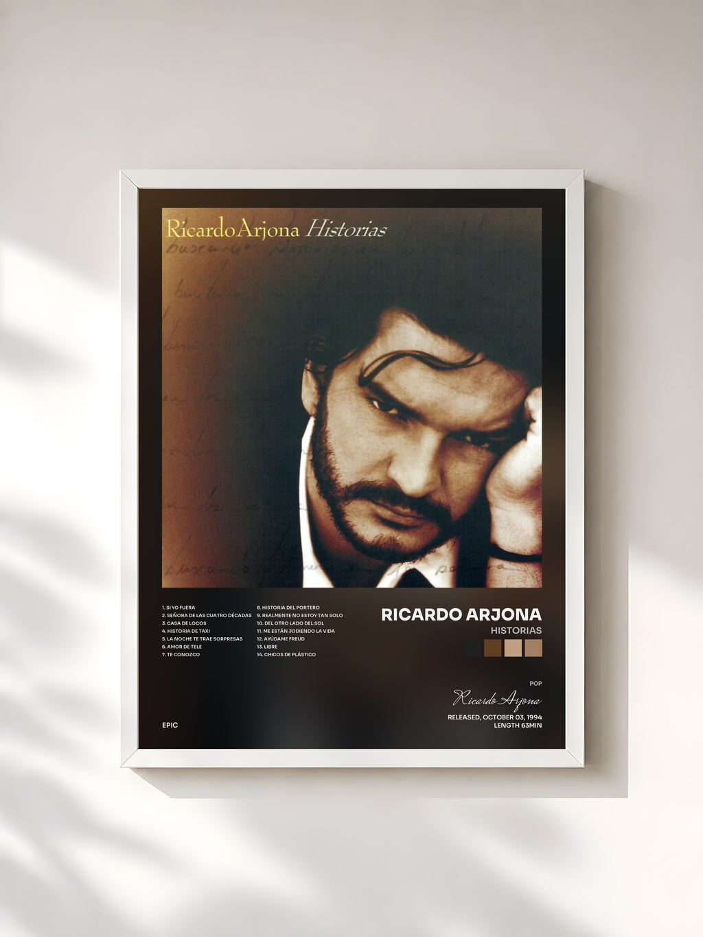 #blanc Tableau de l'album Historias de Ricardo Arjona, cadre blanc, imprimé et encadré en France