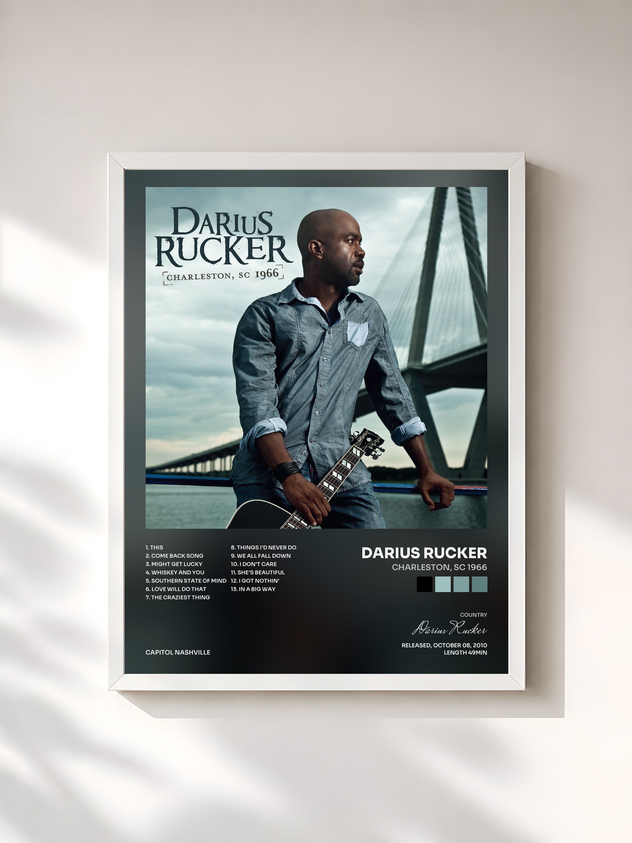 #blanc Tableau de l'album Charleston, SC 1966 de Darius Rucker, cadre blanc, imprimé et encadré en France