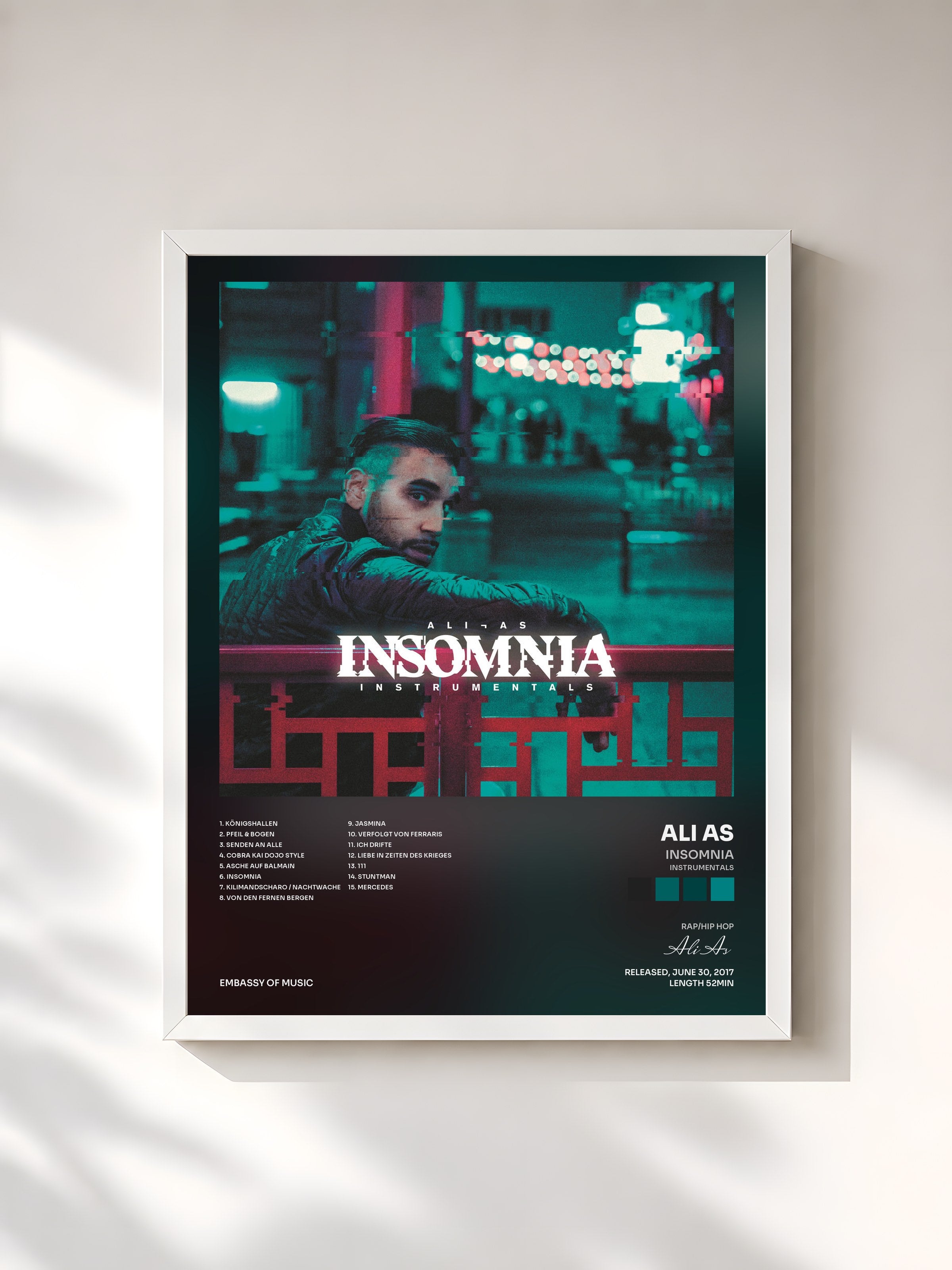 #blanc Tableau de l'album Insomnia (Instrumentals) de Ali As, cadre blanc, imprimé et encadré en France