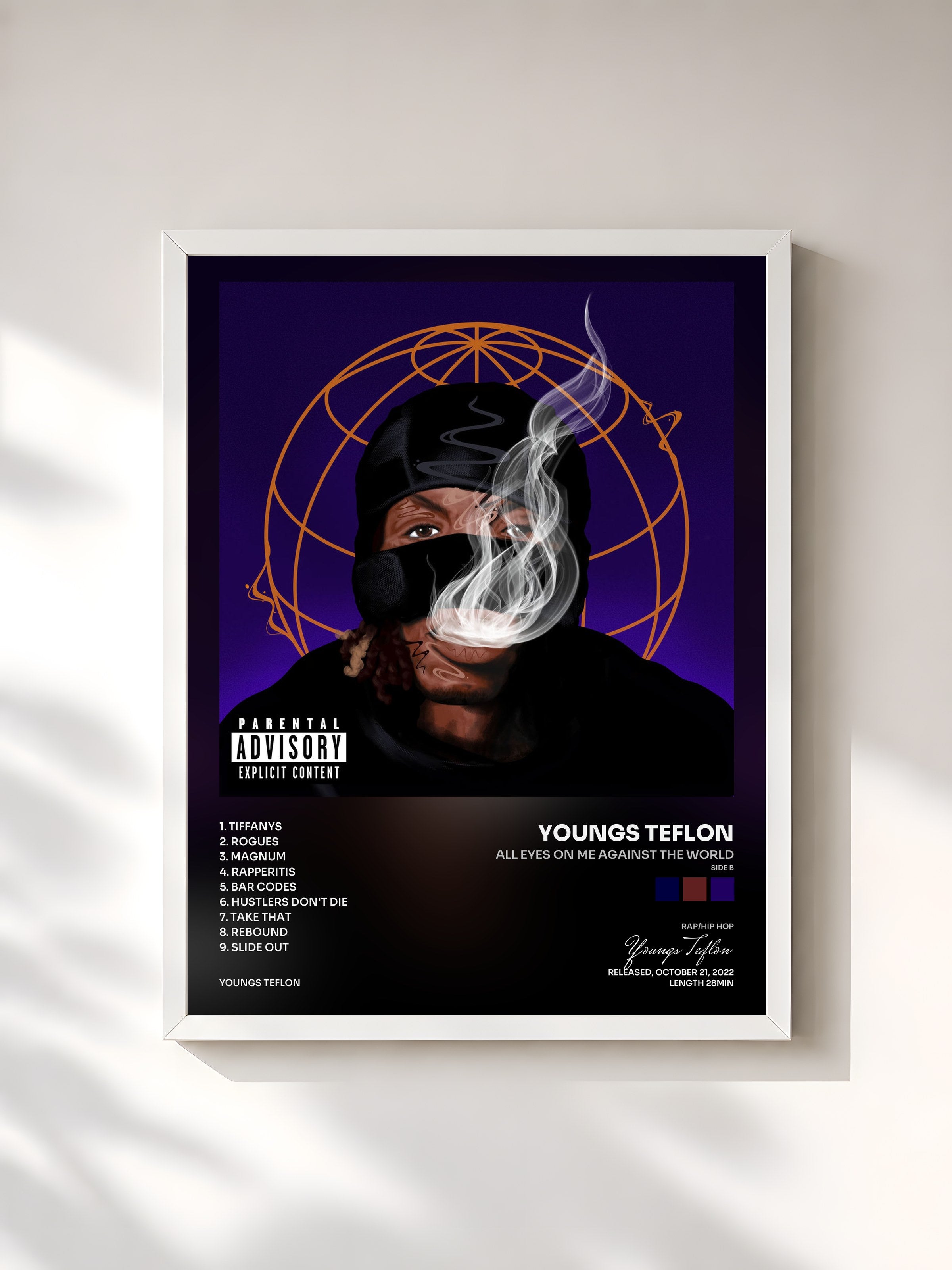 #blanc Tableau de l'album All Eyes On Me Against The World (Side B) de Youngs Teflon, cadre blanc, imprimé et encadré en France
