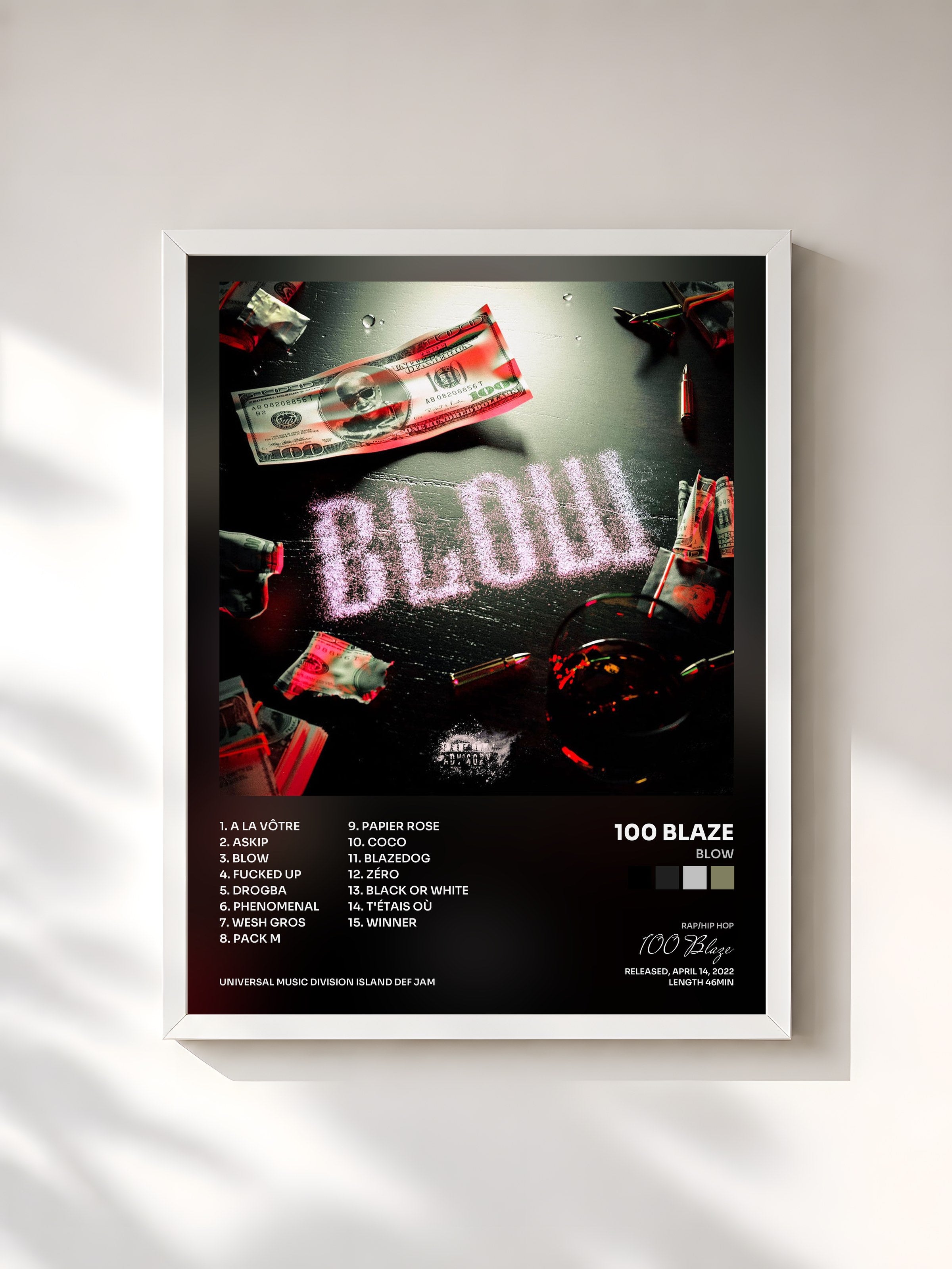 #blanc Tableau de l'album Blow de 100 Blaze, cadre blanc, imprimé et encadré en France