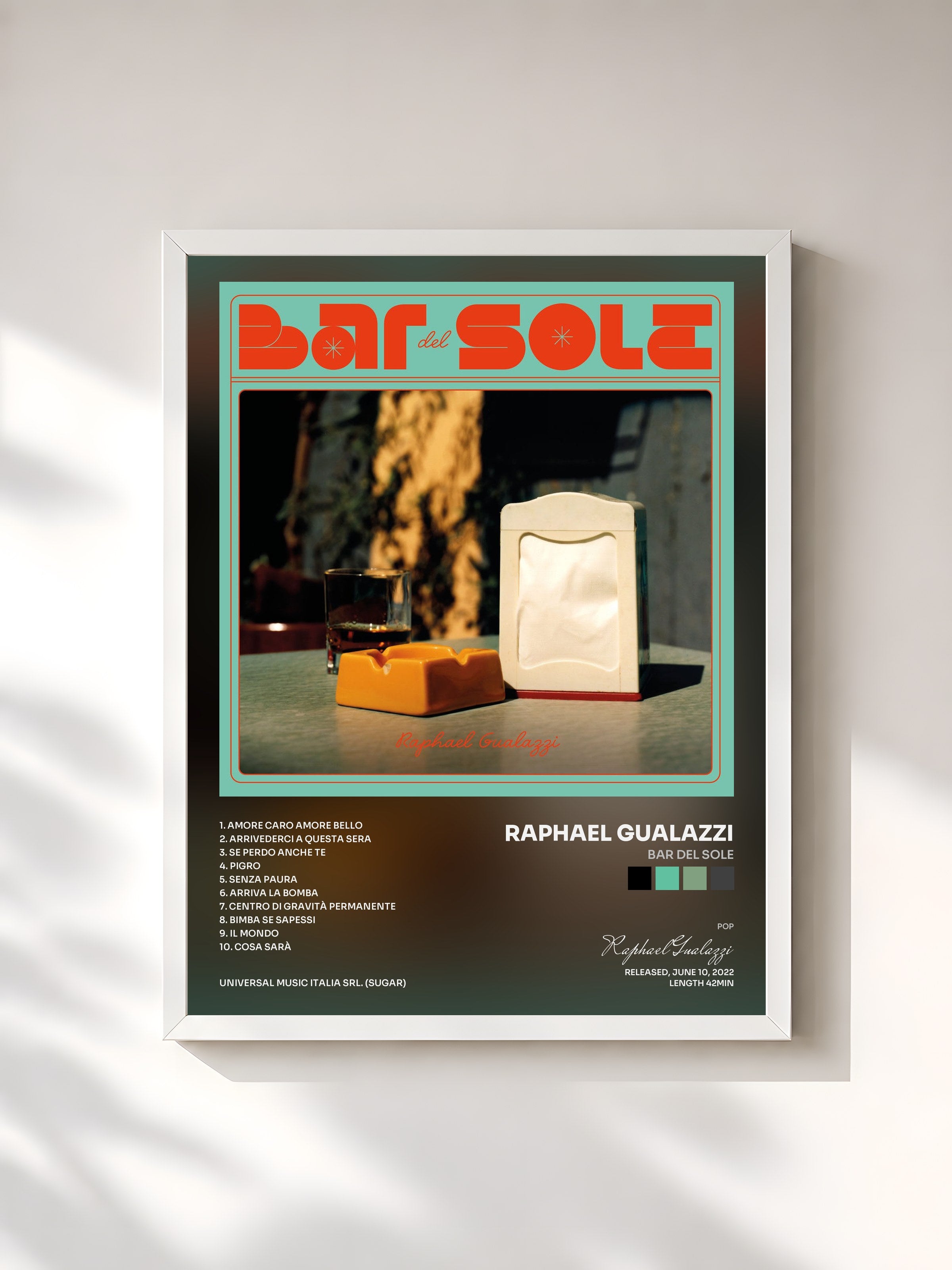 #blanc Tableau de l'album BAR DEL SOLE de Raphael Gualazzi, cadre blanc, imprimé et encadré en France