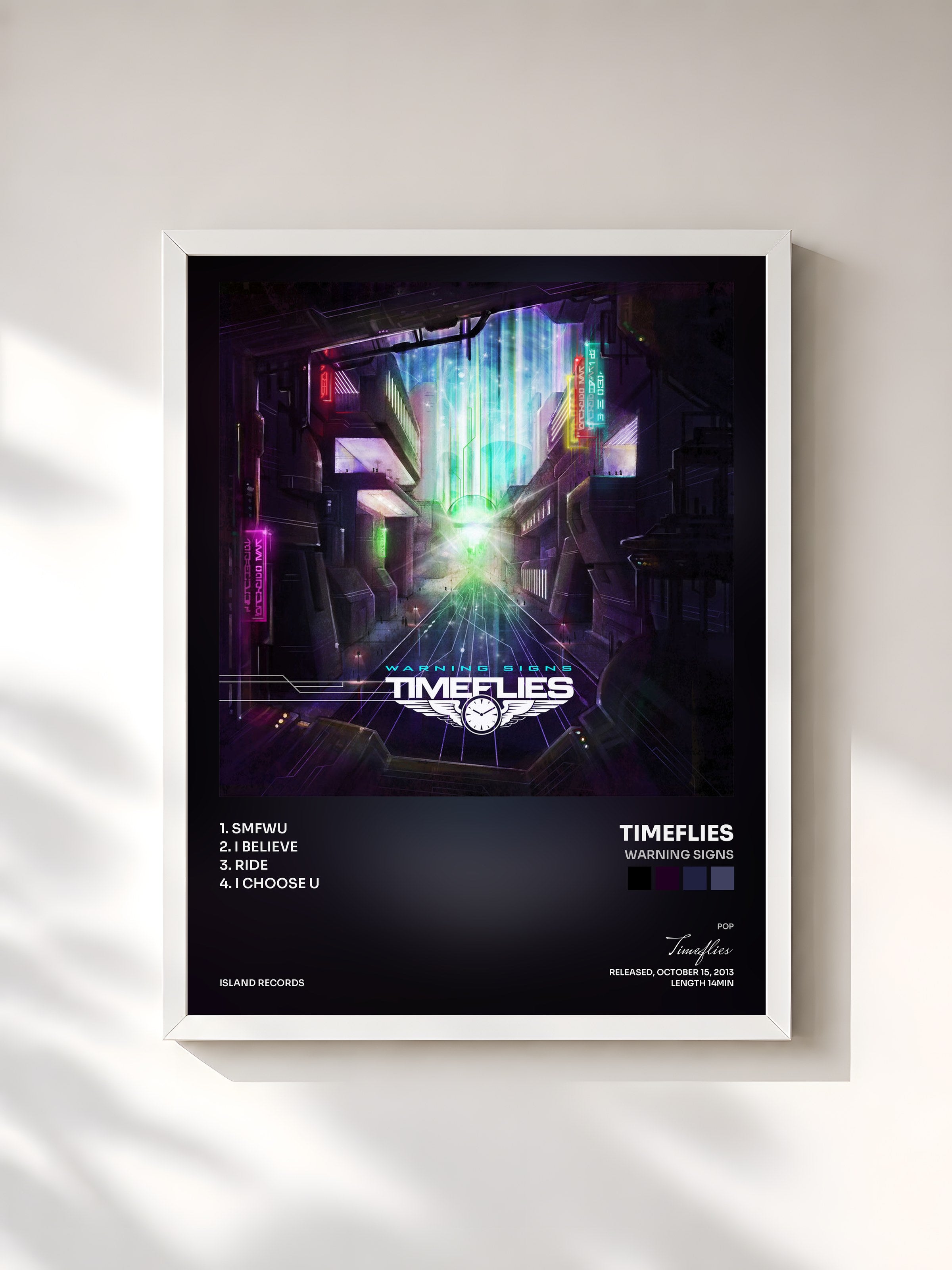 #blanc Tableau de l'album Warning Signs de Timeflies, cadre blanc, imprimé et encadré en France