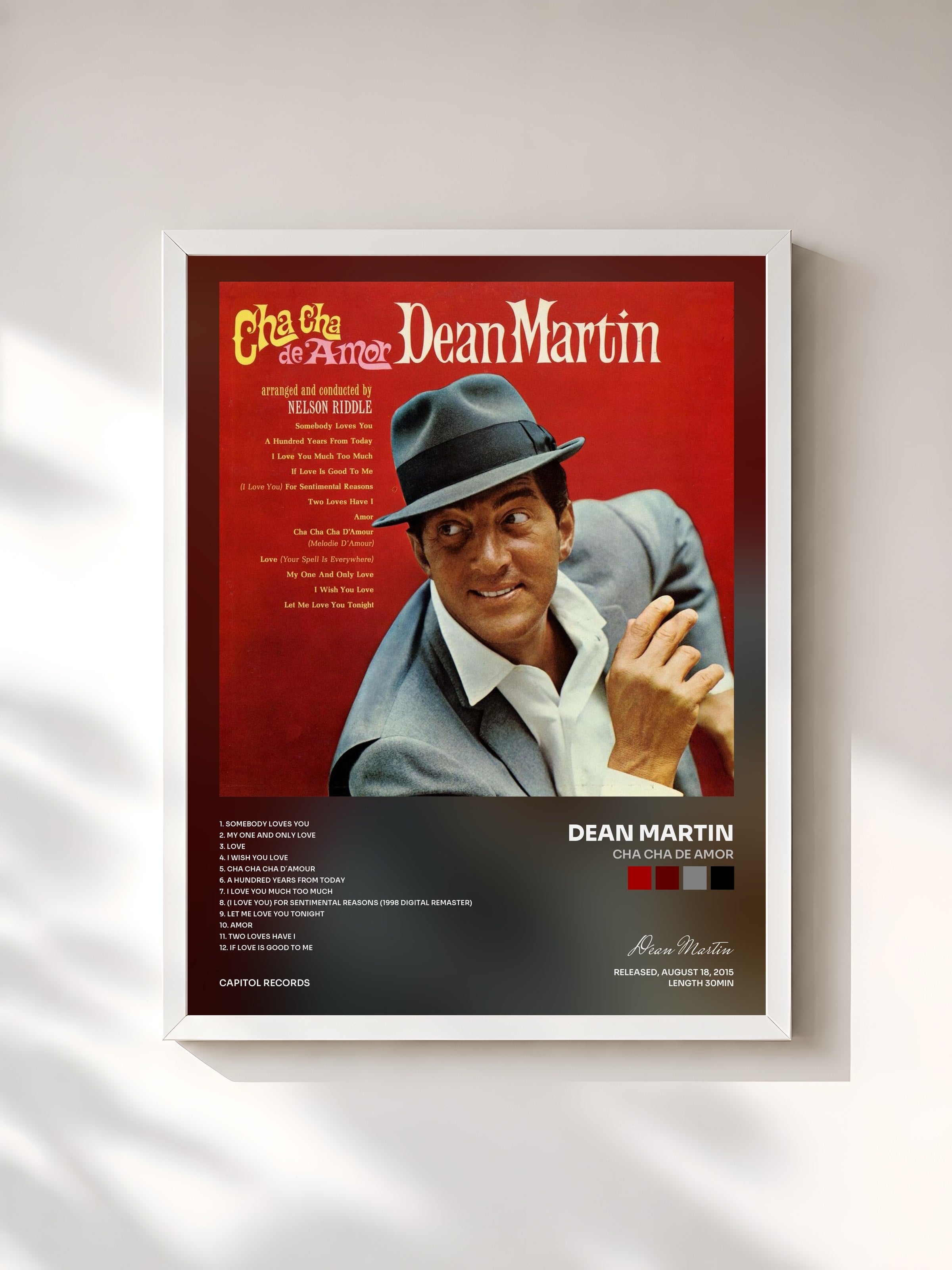 #blanc Tableau de l'album Cha Cha De Amor de Dean Martin, cadre blanc, imprimé et encadré en France