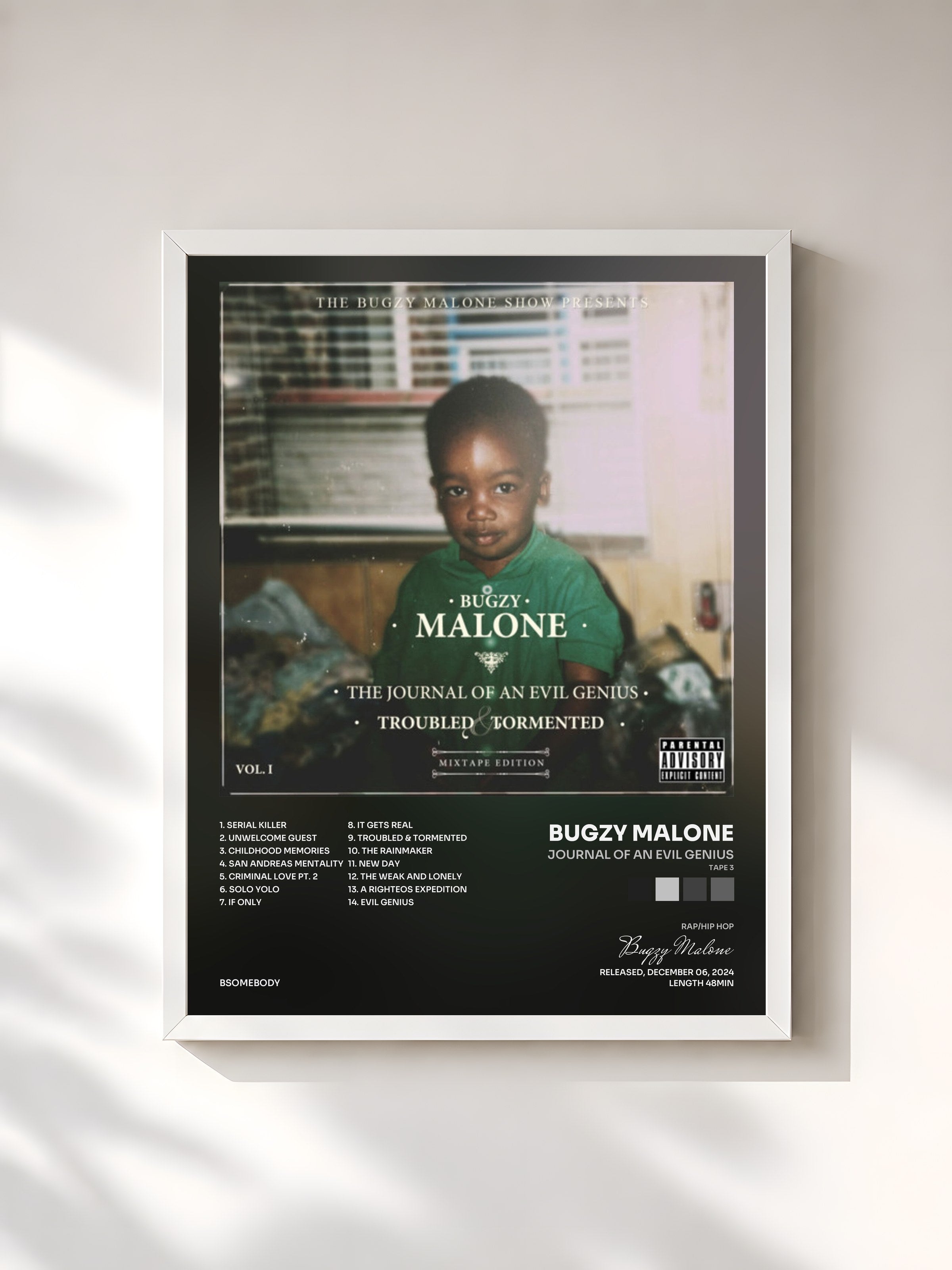 #blanc Tableau de l'album Journal Of An Evil Genius (Tape 3) de Bugzy Malone, cadre blanc, imprimé et encadré en France