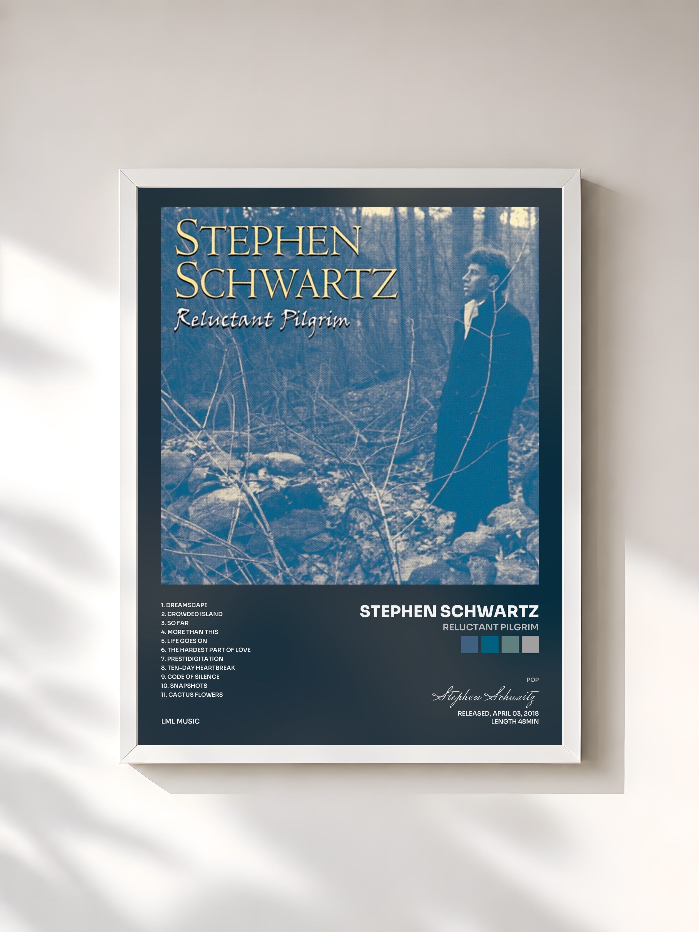 #blanc Tableau de l'album Reluctant Pilgrim de Stephen Schwartz, cadre blanc, imprimé et encadré en France