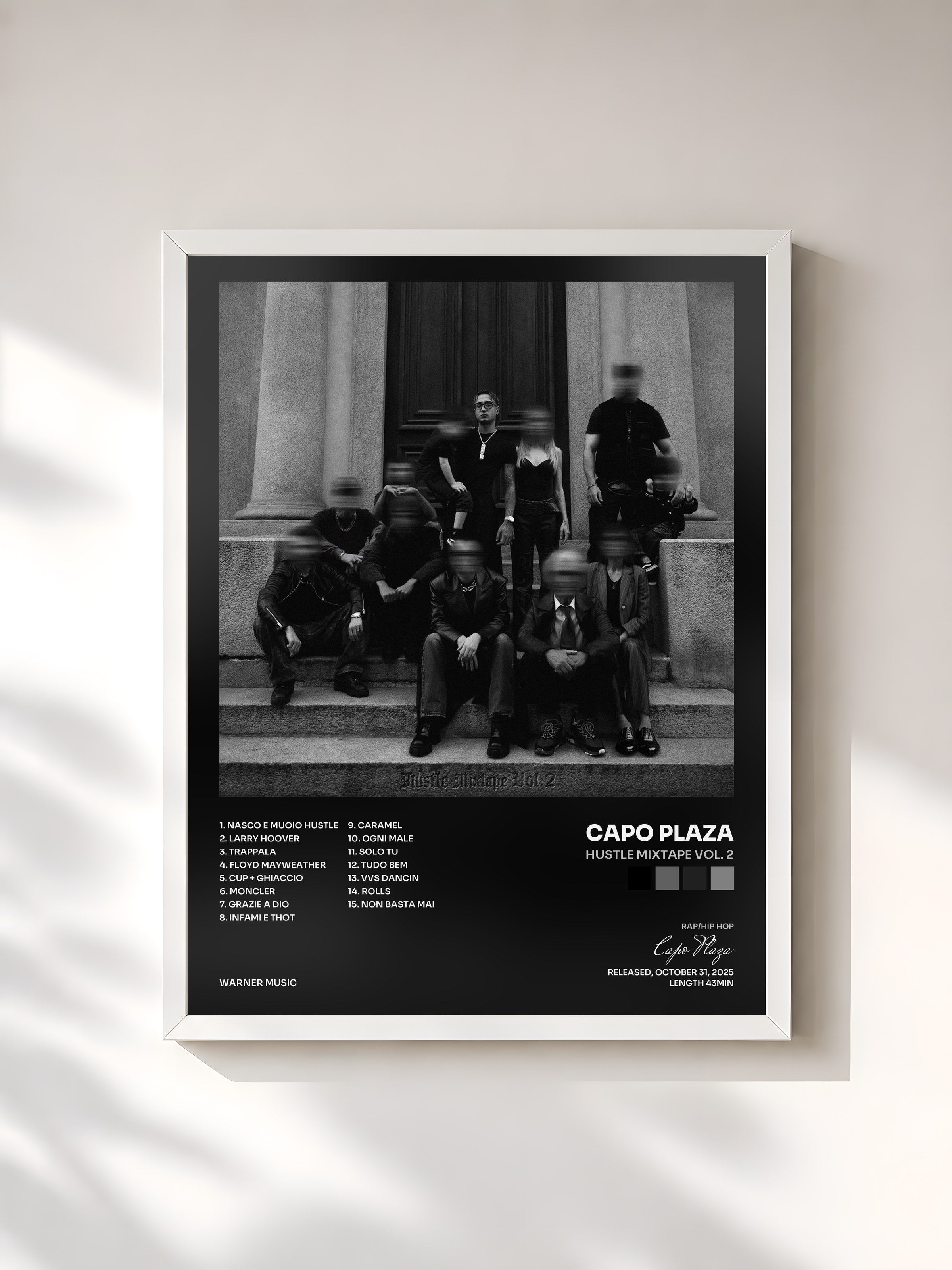 #blanc Tableau de l'album Hustle Mixtape Vol. 2 de Capo Plaza, cadre blanc, imprimé et encadré en France