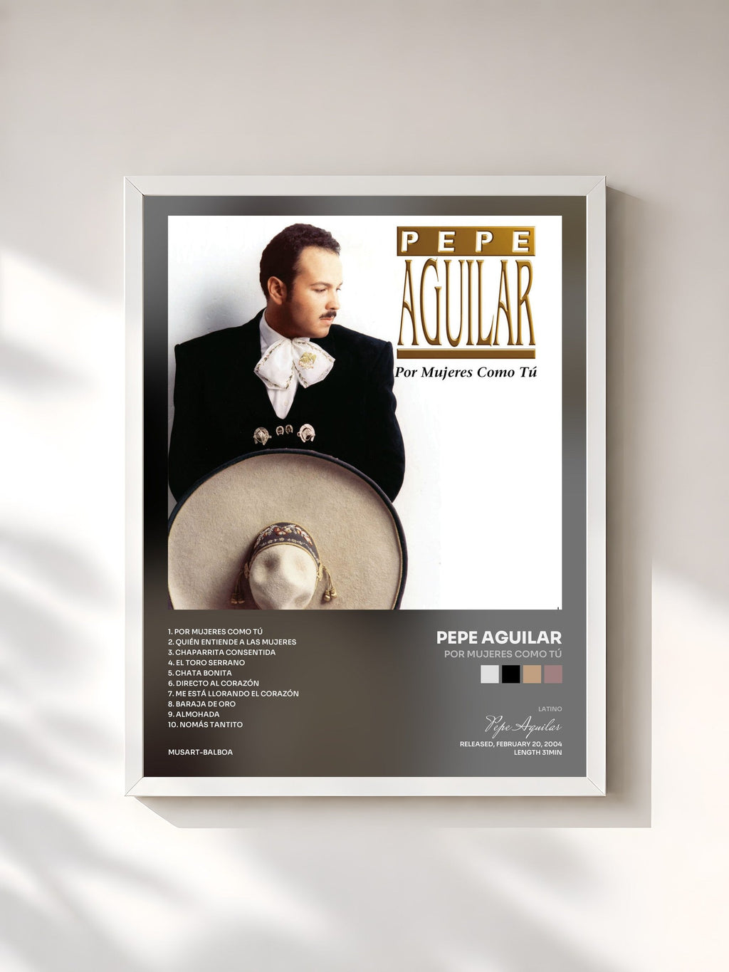 #blanc Tableau de l'album Por Mujeres Como Tú de Pepe Aguilar, cadre blanc, imprimé et encadré en France