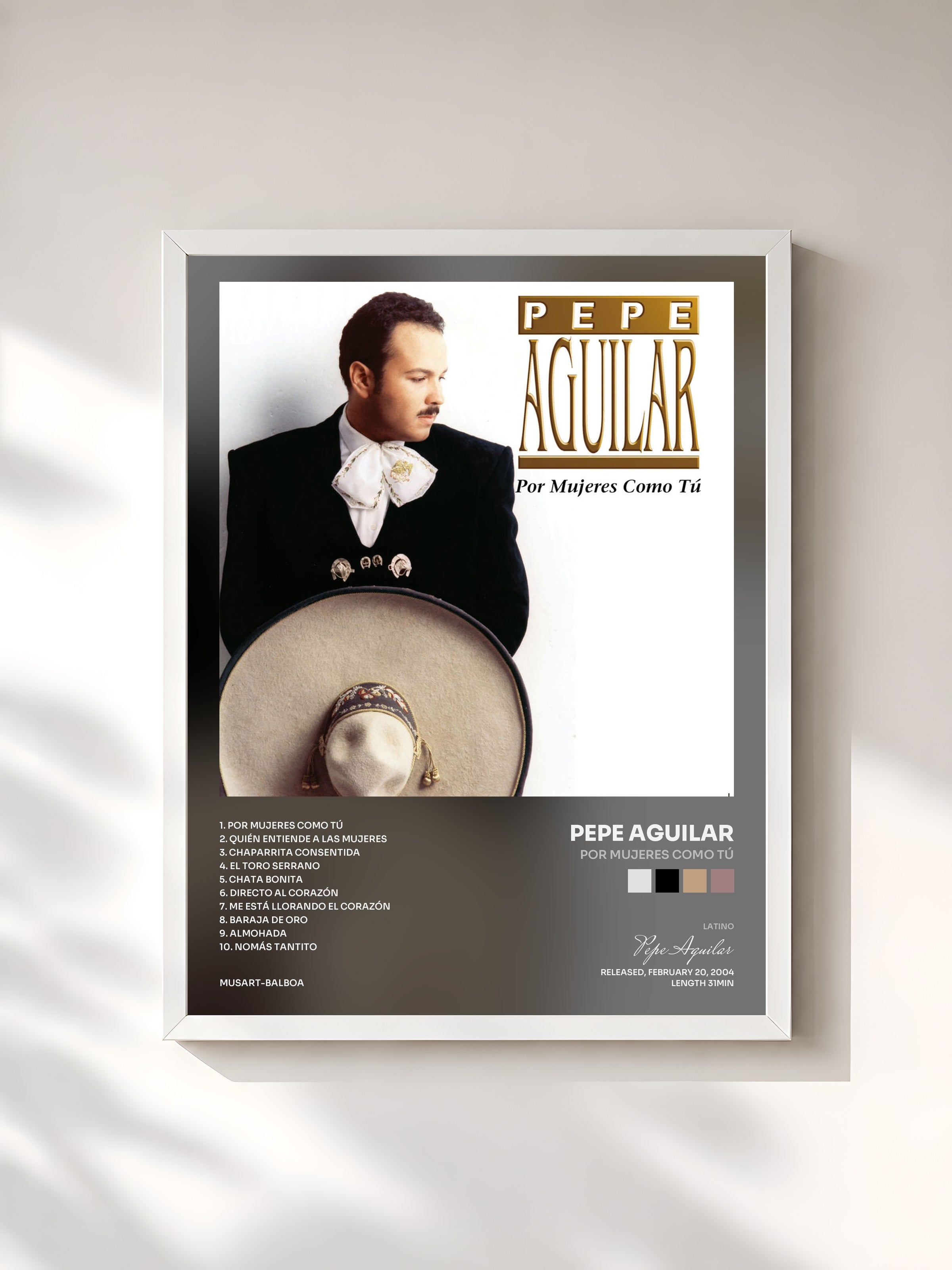 #blanc Tableau de l'album Por Mujeres Como Tú de Pepe Aguilar, cadre blanc, imprimé et encadré en France