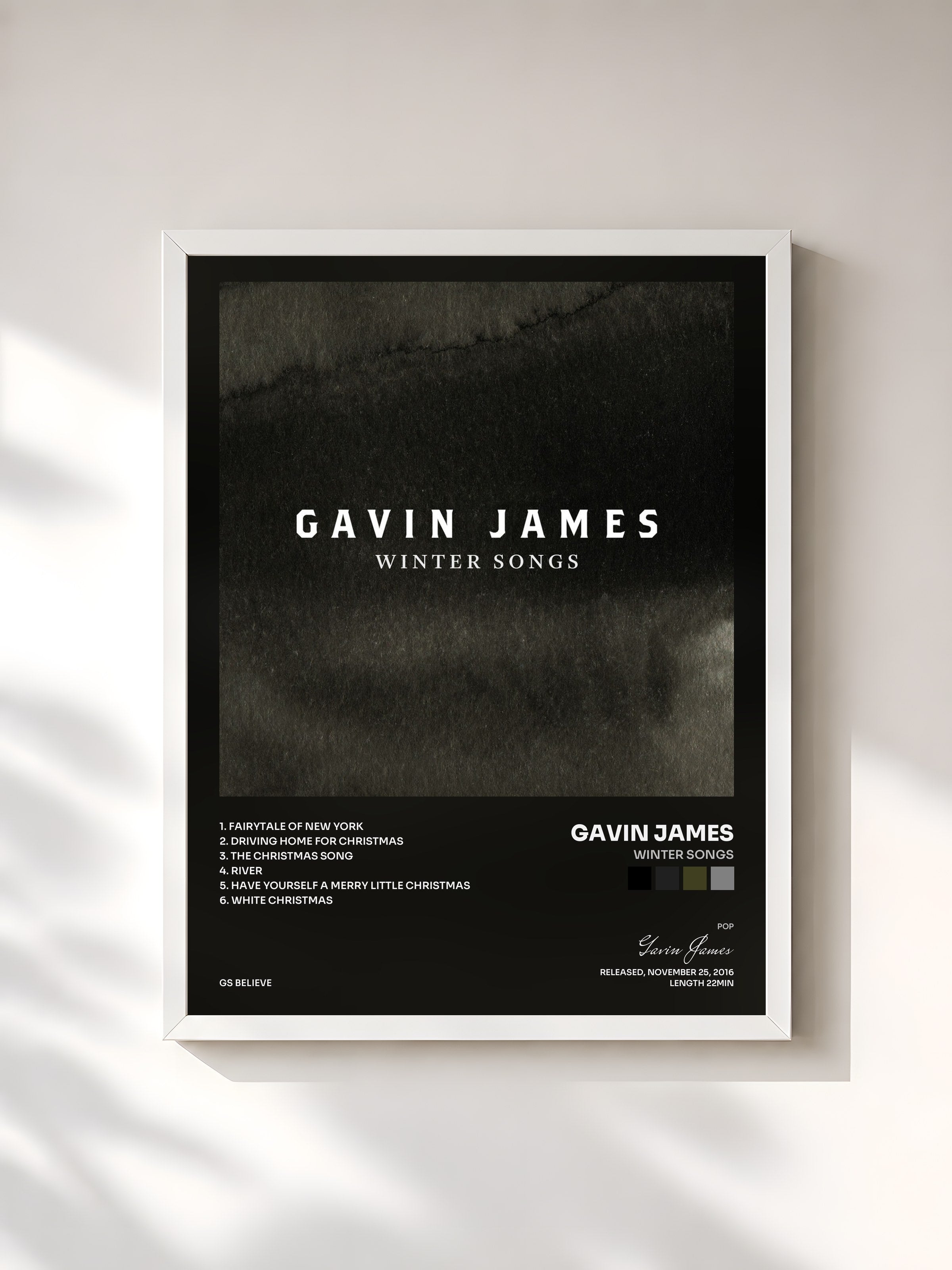 #blanc Tableau de l'album Winter Songs de Gavin James, cadre blanc, imprimé et encadré en France