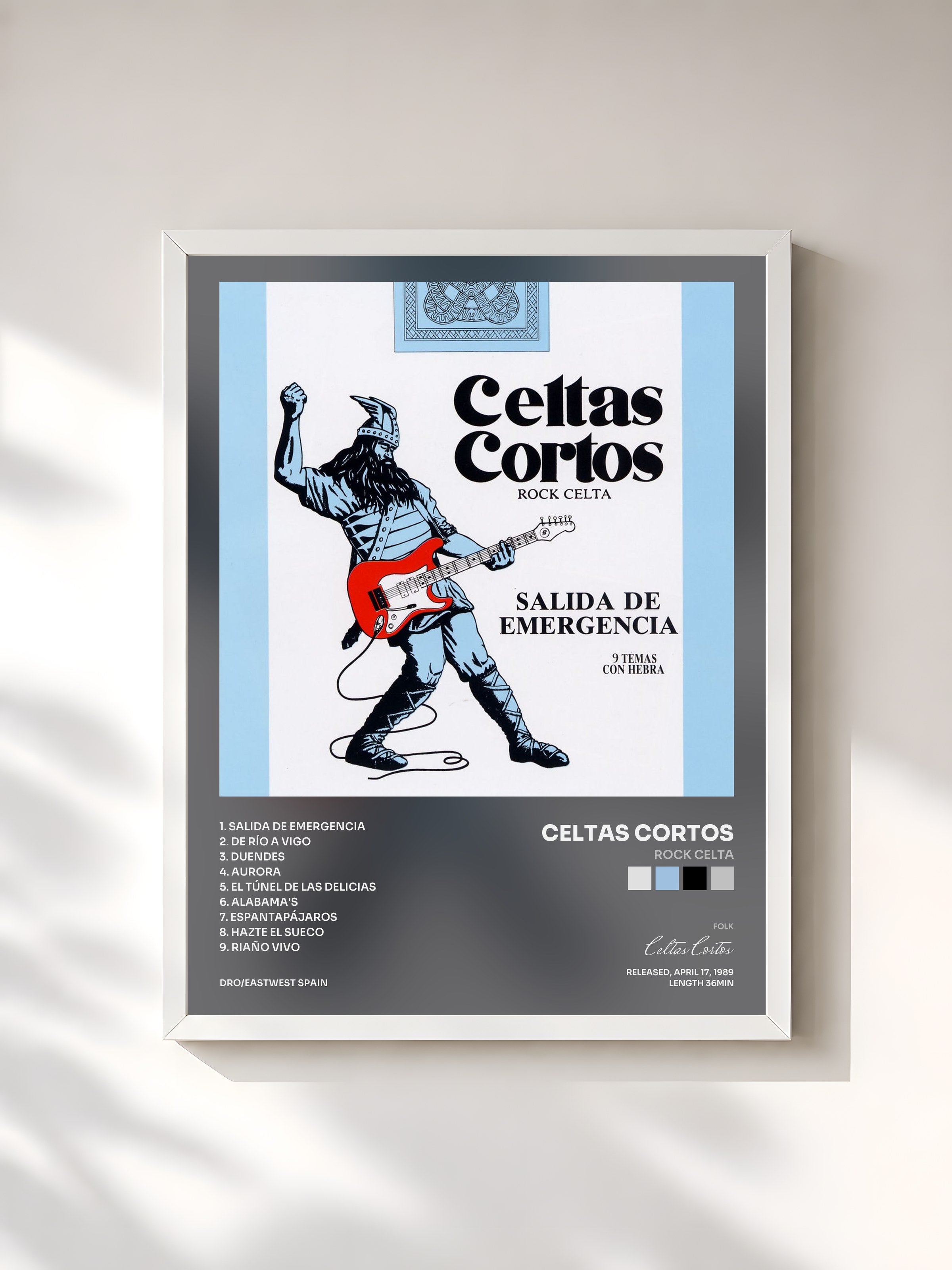 #blanc Tableau de l'album Rock Celta de Celtas Cortos, cadre blanc, imprimé et encadré en France