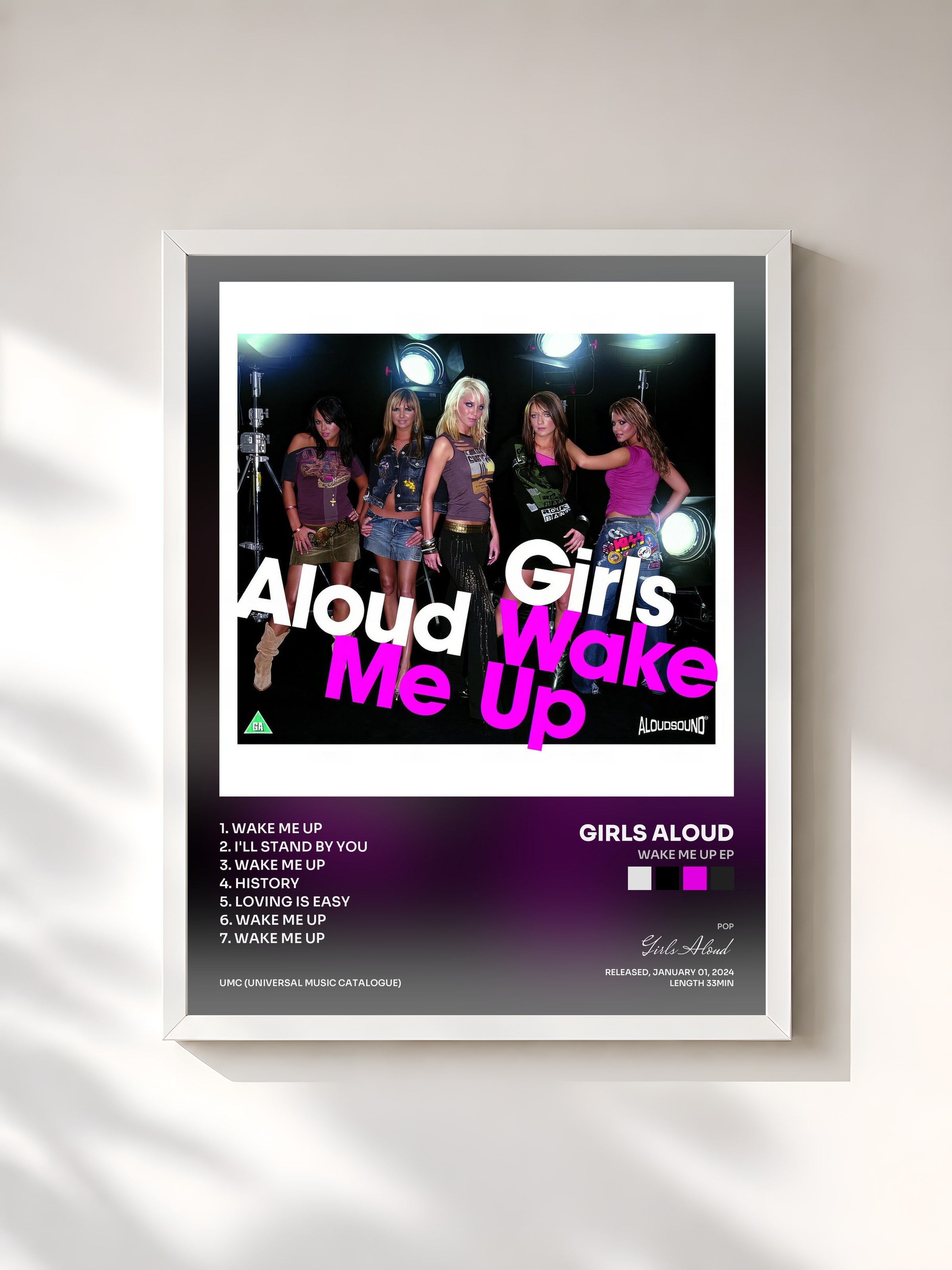 #blanc Tableau de l'album Wake Me Up EP de Girls Aloud, cadre blanc, imprimé et encadré en France