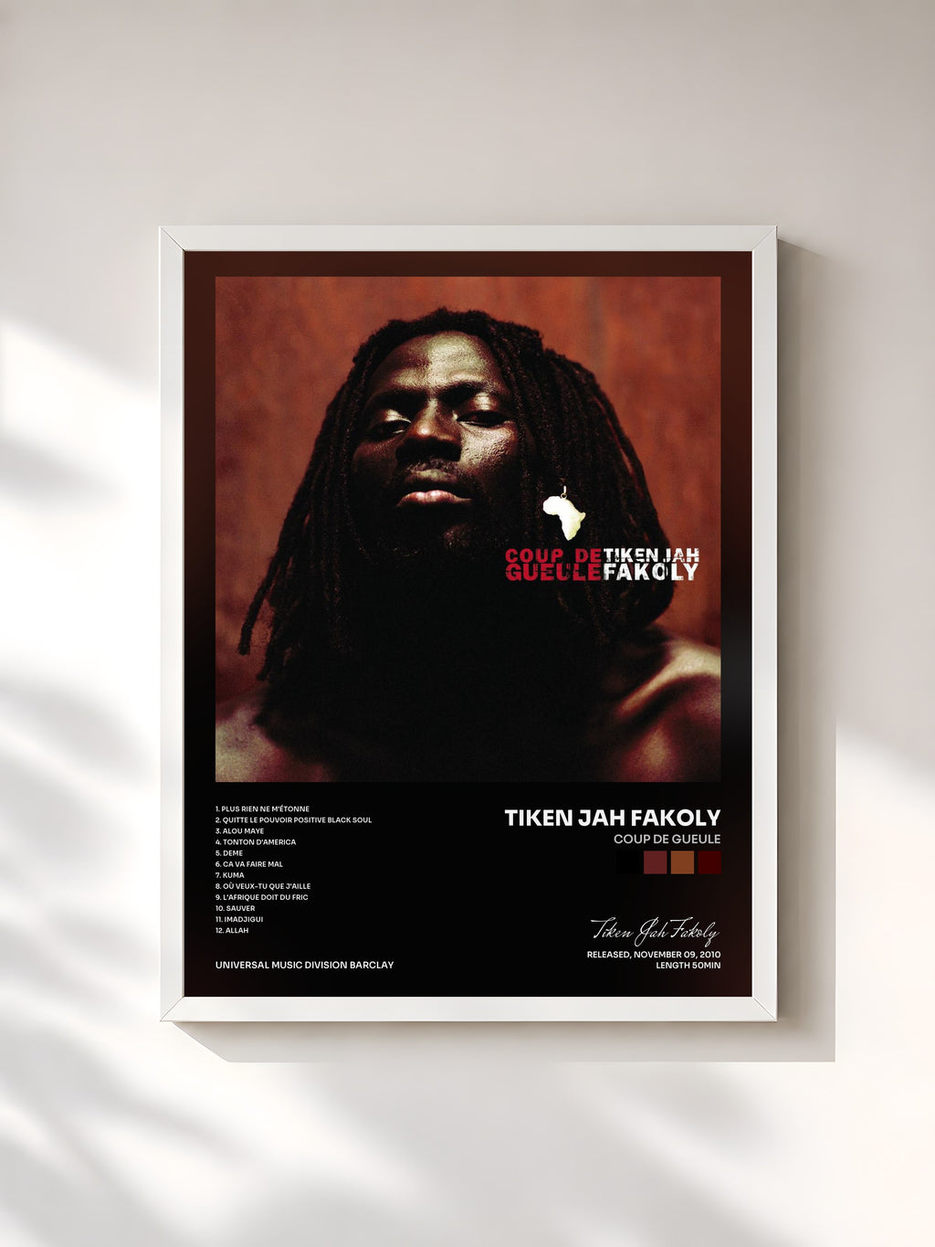 #blanc Tableau de l'album Coup De Gueule de Tiken Jah Fakoly, cadre blanc, imprimé et encadré en France