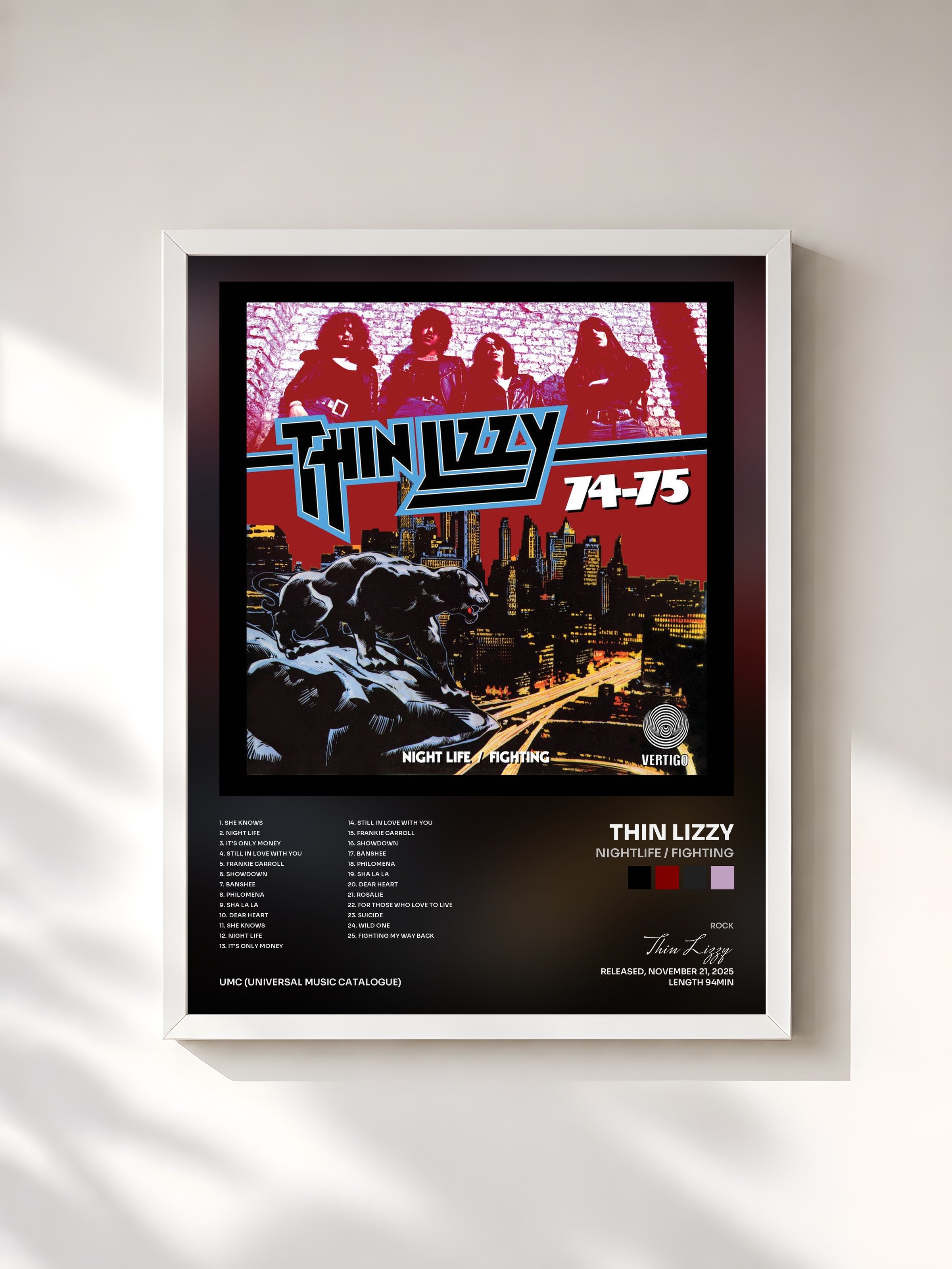 #blanc Tableau de l'album Nightlife / Fighting de Thin Lizzy, cadre blanc, imprimé et encadré en France