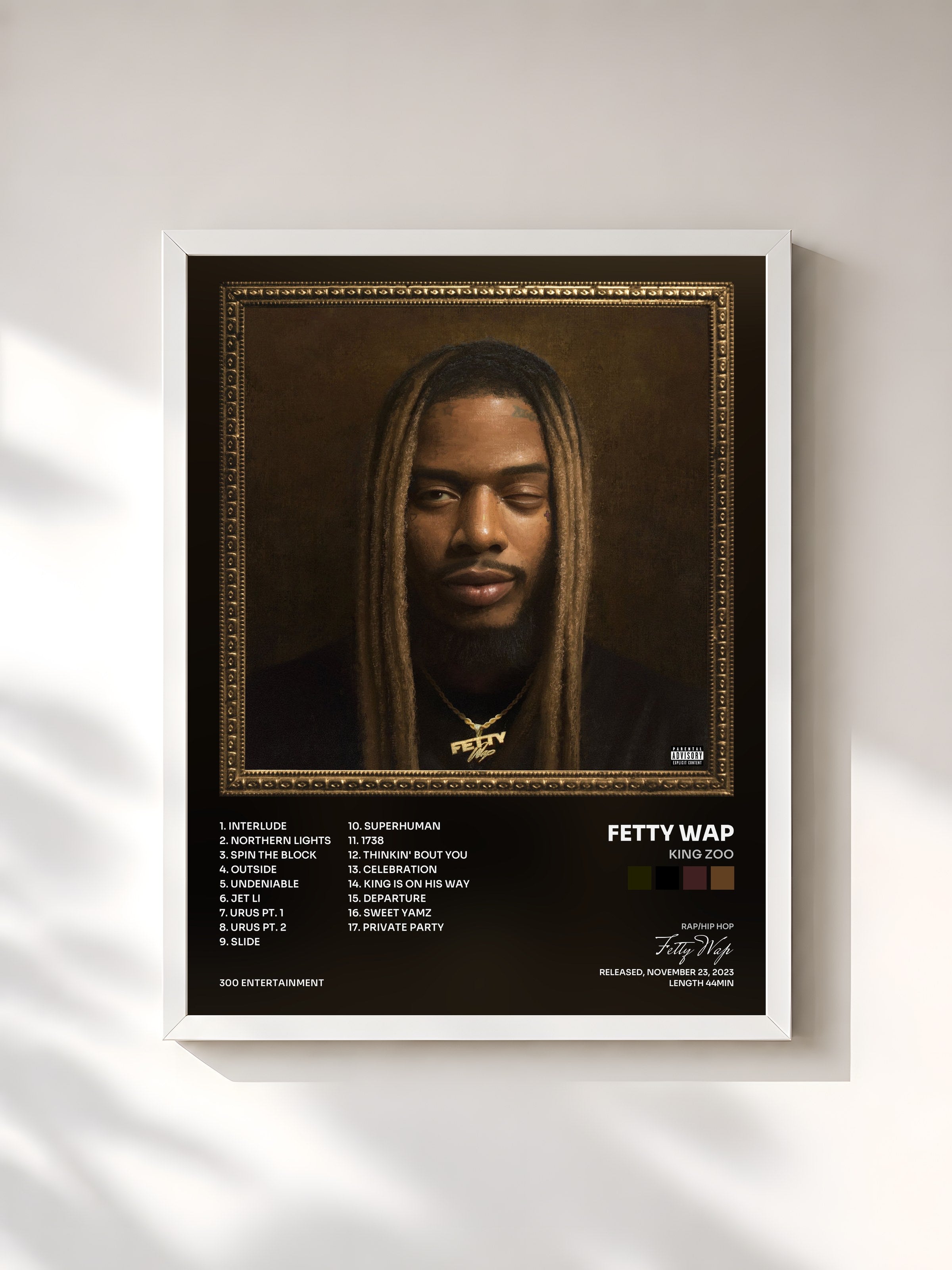 #blanc Tableau de l'album King Zoo de Fetty Wap, cadre blanc, imprimé et encadré en France