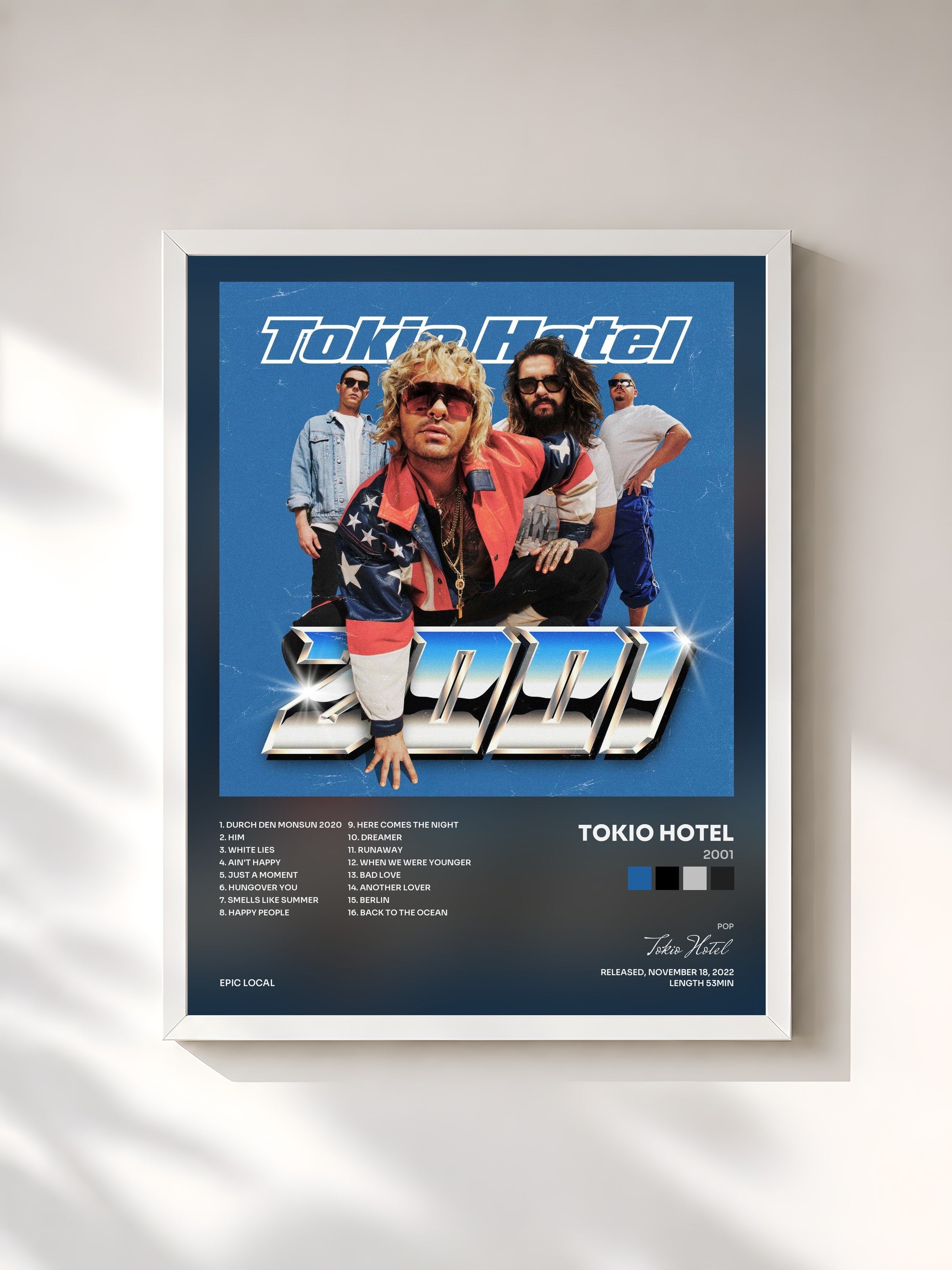 #blanc Tableau de l'album 2001 de Tokio Hotel, cadre blanc, imprimé et encadré en France