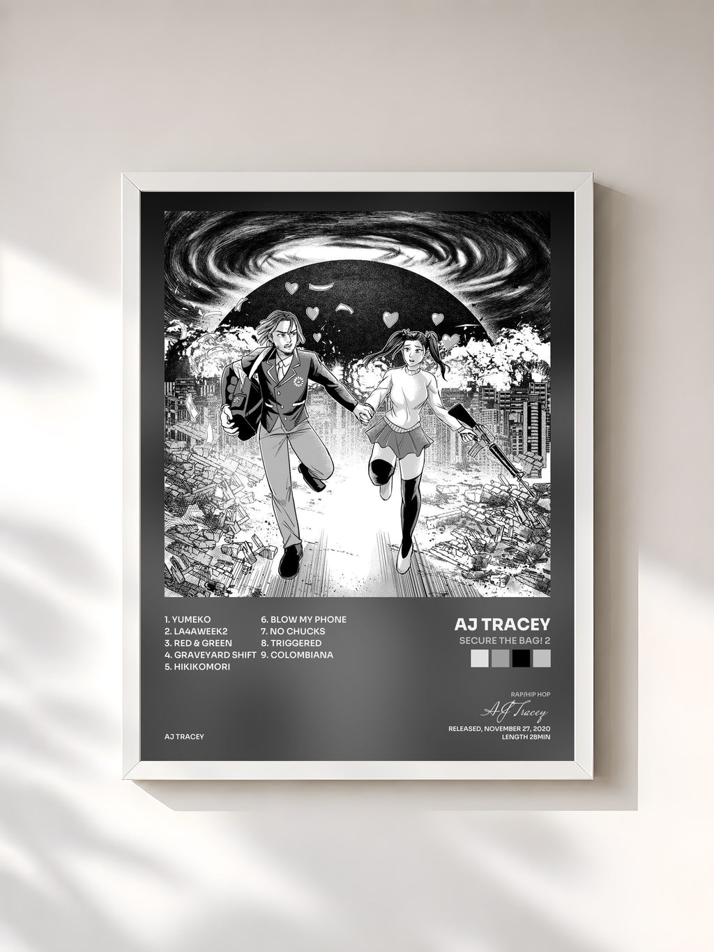 #blanc Tableau de l'album Secure The Bag! 2 de AJ Tracey, cadre blanc, imprimé et encadré en France
