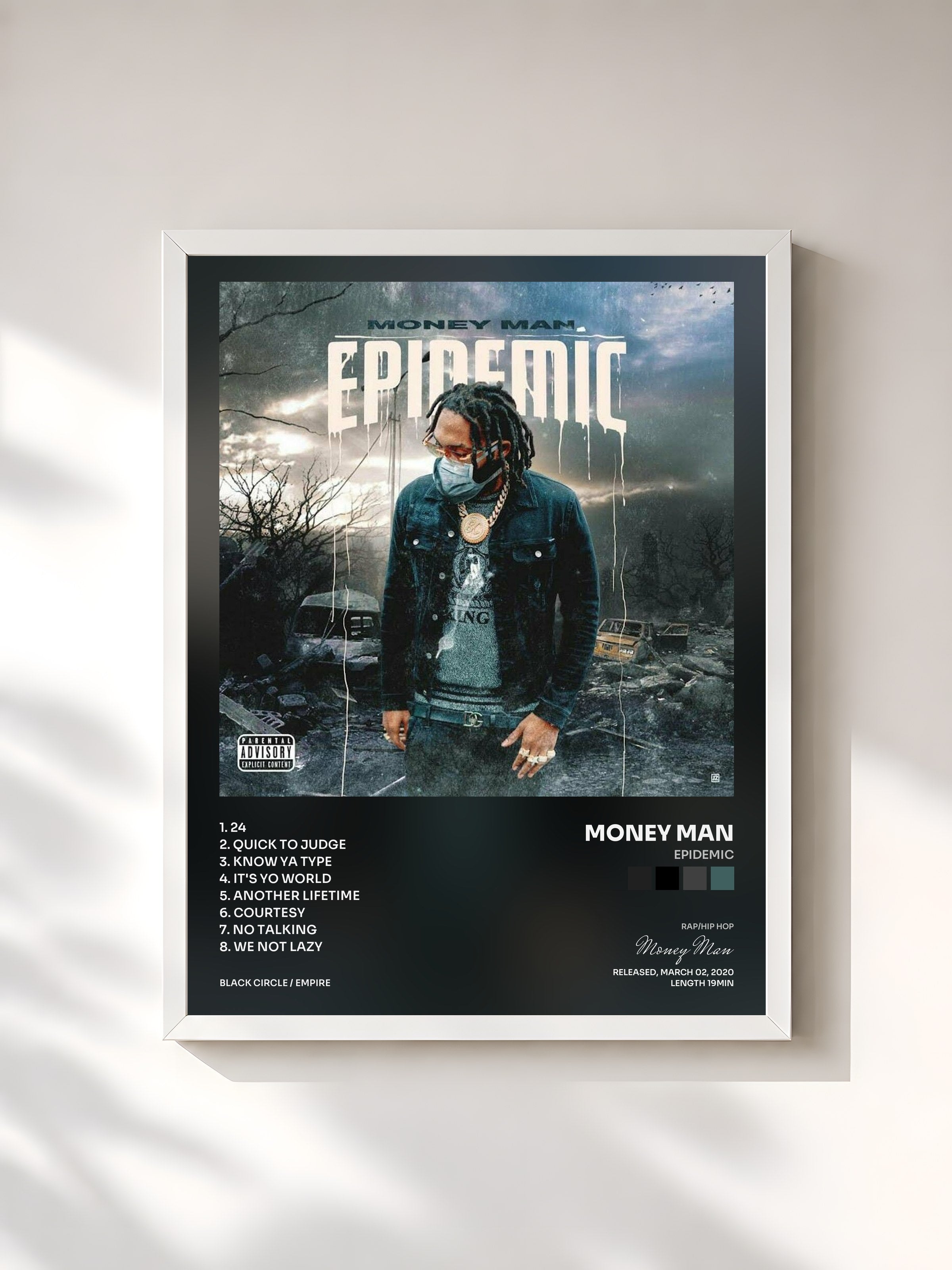 #blanc Tableau de l'album Epidemic de Money Man, cadre blanc, imprimé et encadré en France