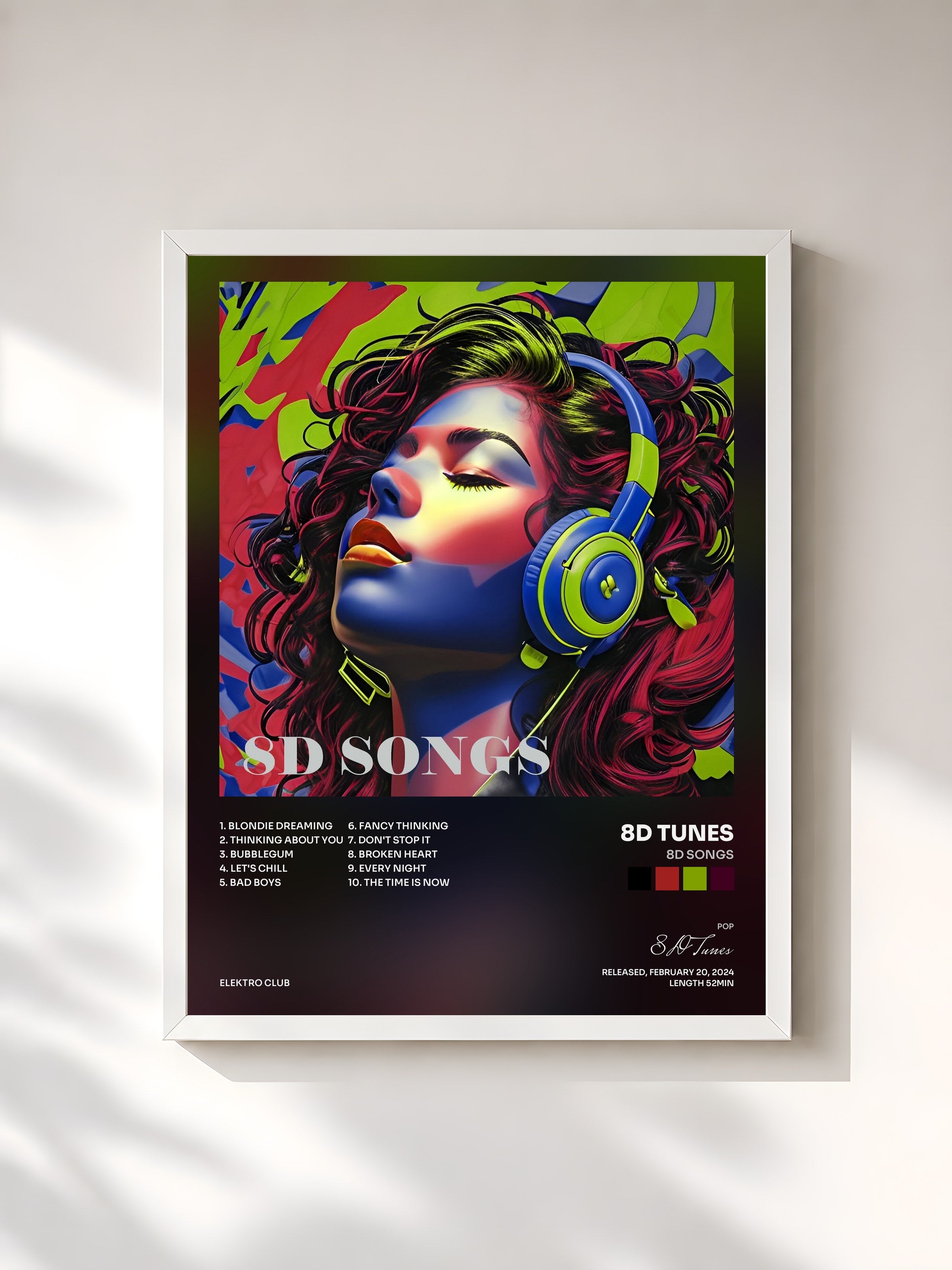 #blanc Tableau de l'album 8D Songs de 8D Tunes, cadre blanc, imprimé et encadré en France