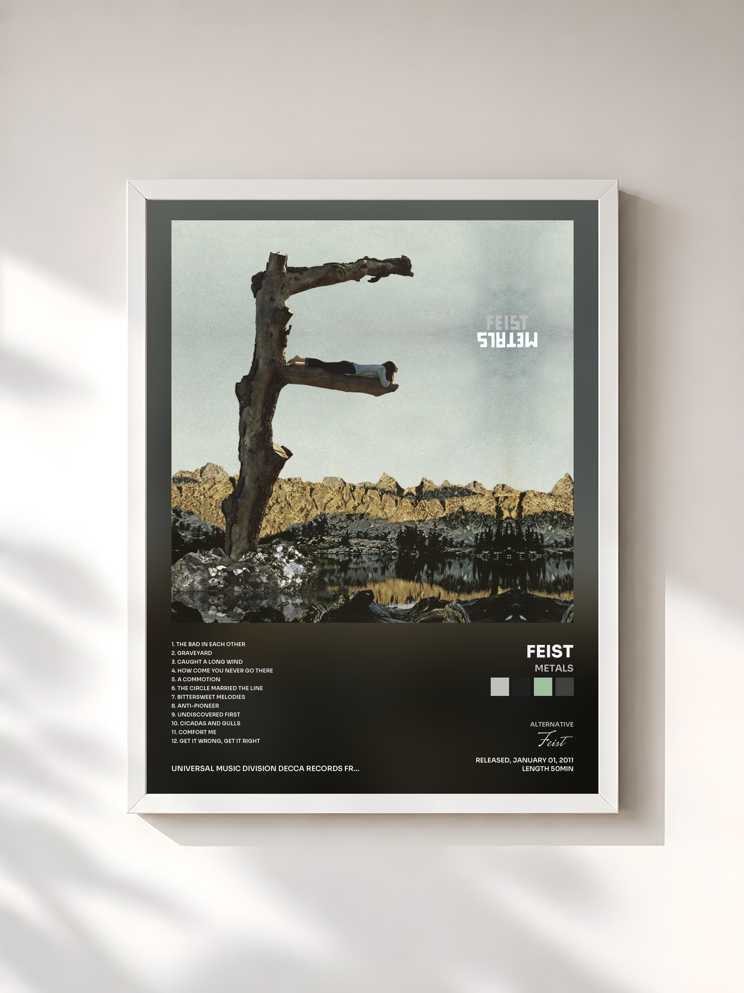 #blanc Tableau de l'album Metals de Feist, cadre blanc, imprimé et encadré en France