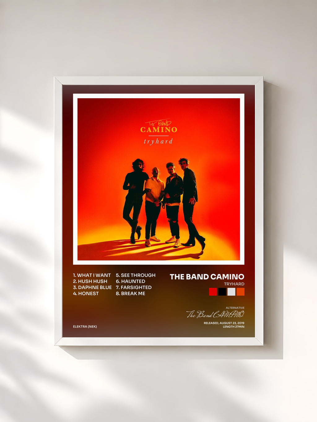 #blanc Tableau de l'album tryhard de The Band CAMINO, cadre blanc, imprimé et encadré en France
