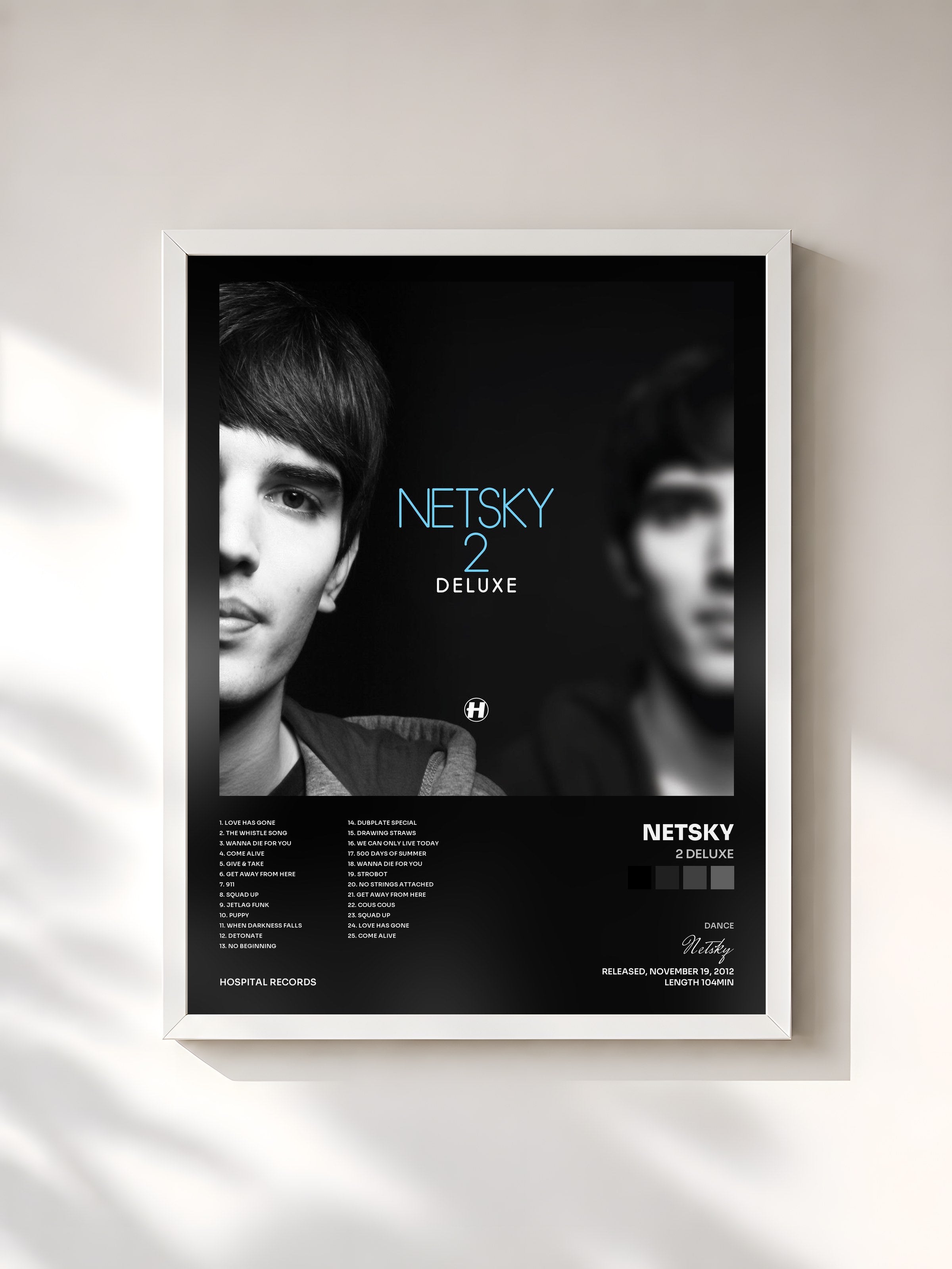 #blanc Tableau de l'album 2 Deluxe de Netsky, cadre blanc, imprimé et encadré en France