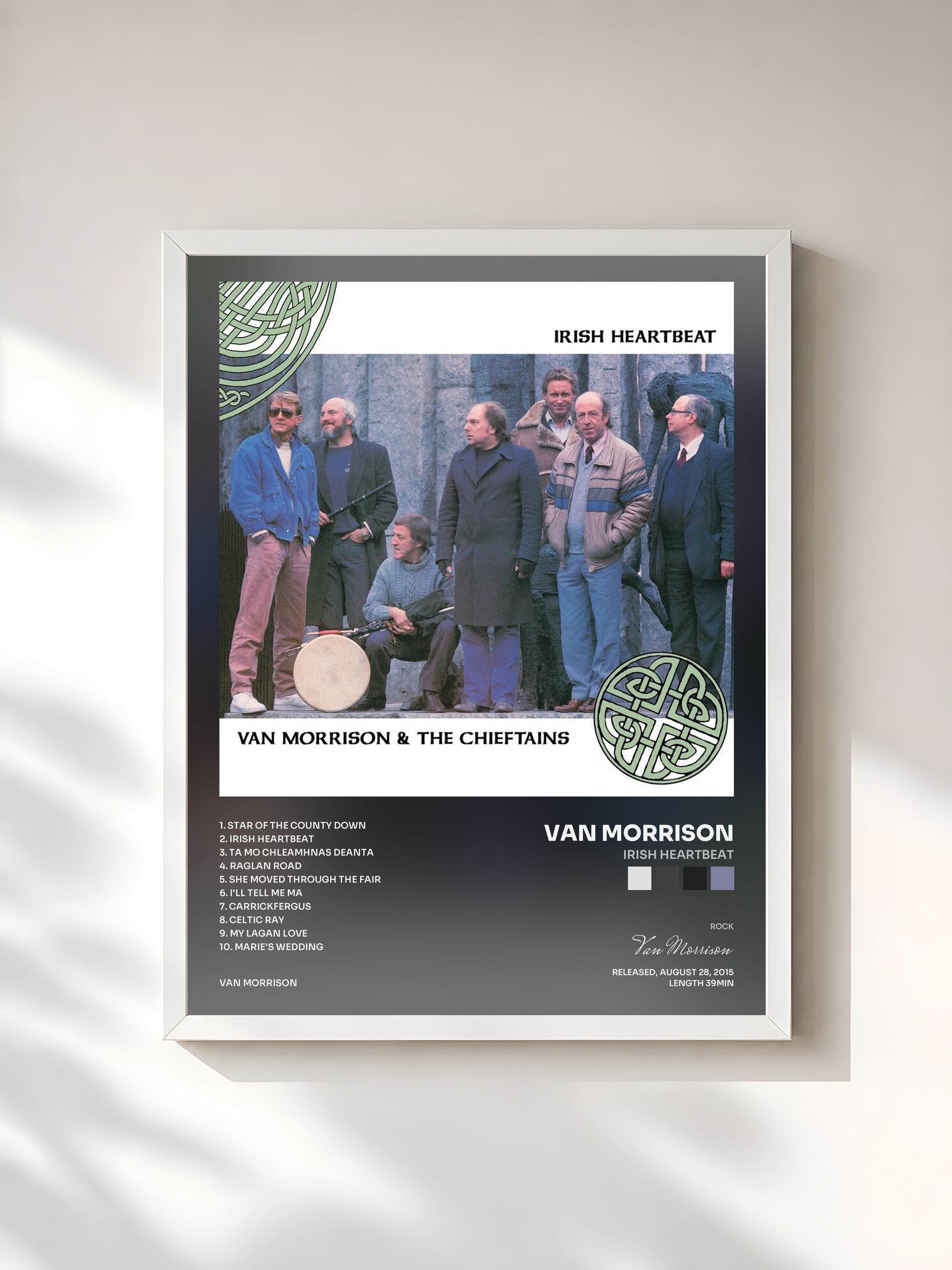 #blanc Tableau de l'album Irish Heartbeat de Van Morrison, cadre blanc, imprimé et encadré en France