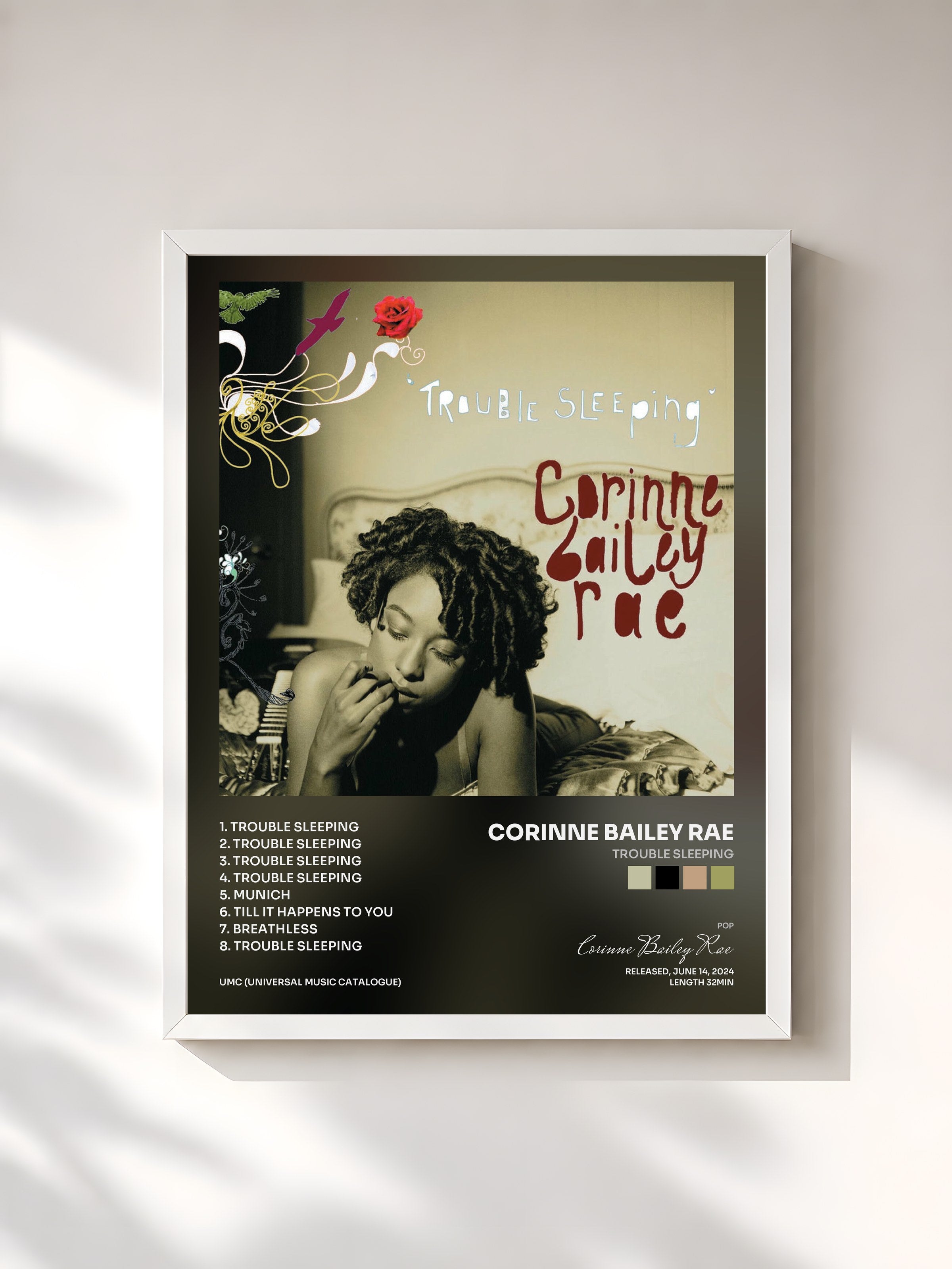 #blanc Tableau de l'album Trouble Sleeping de Corinne Bailey Rae, cadre blanc, imprimé et encadré en France