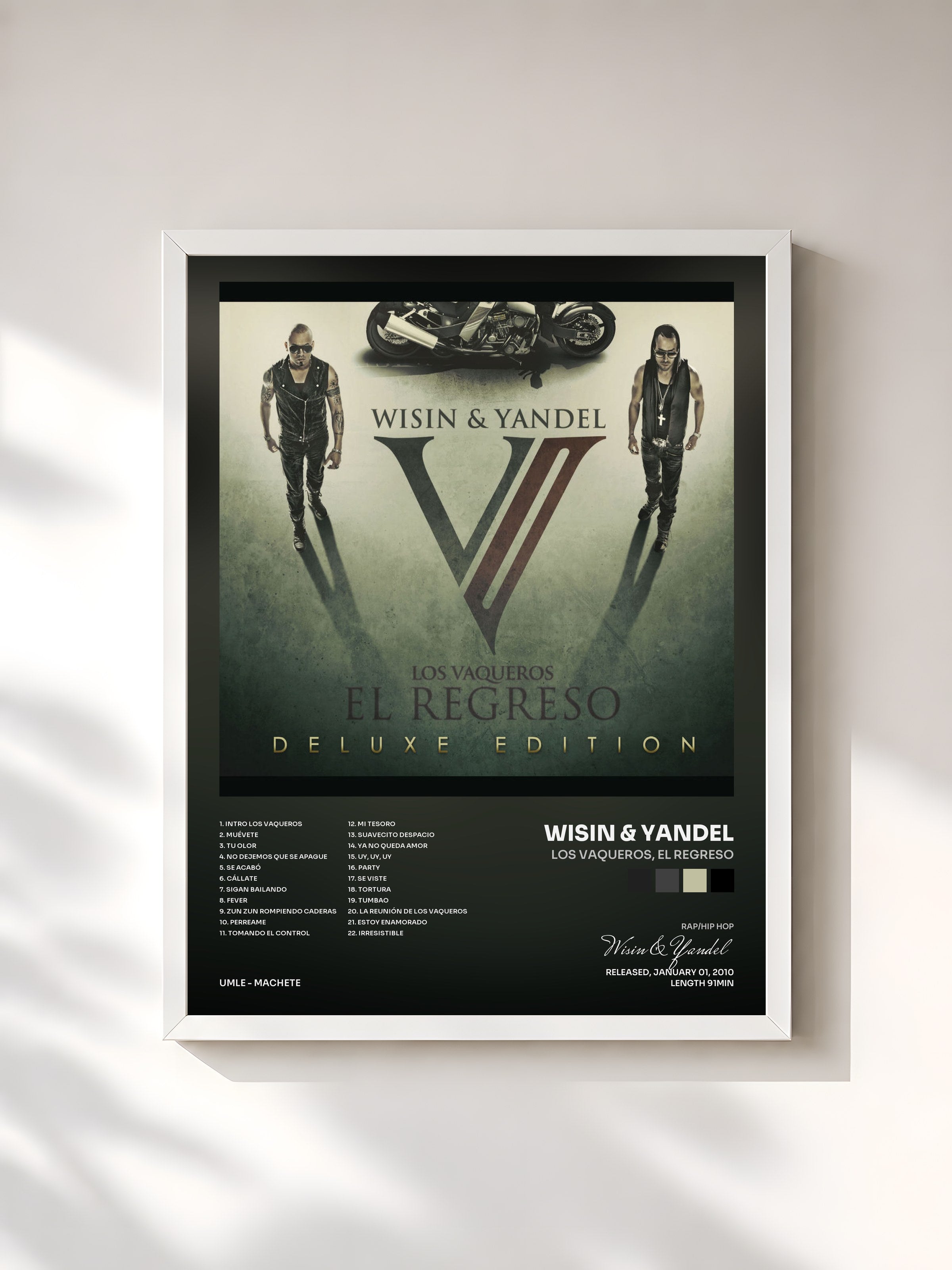 #blanc Tableau de l'album Los Vaqueros, El Regreso de Wisin & Yandel, cadre blanc, imprimé et encadré en France