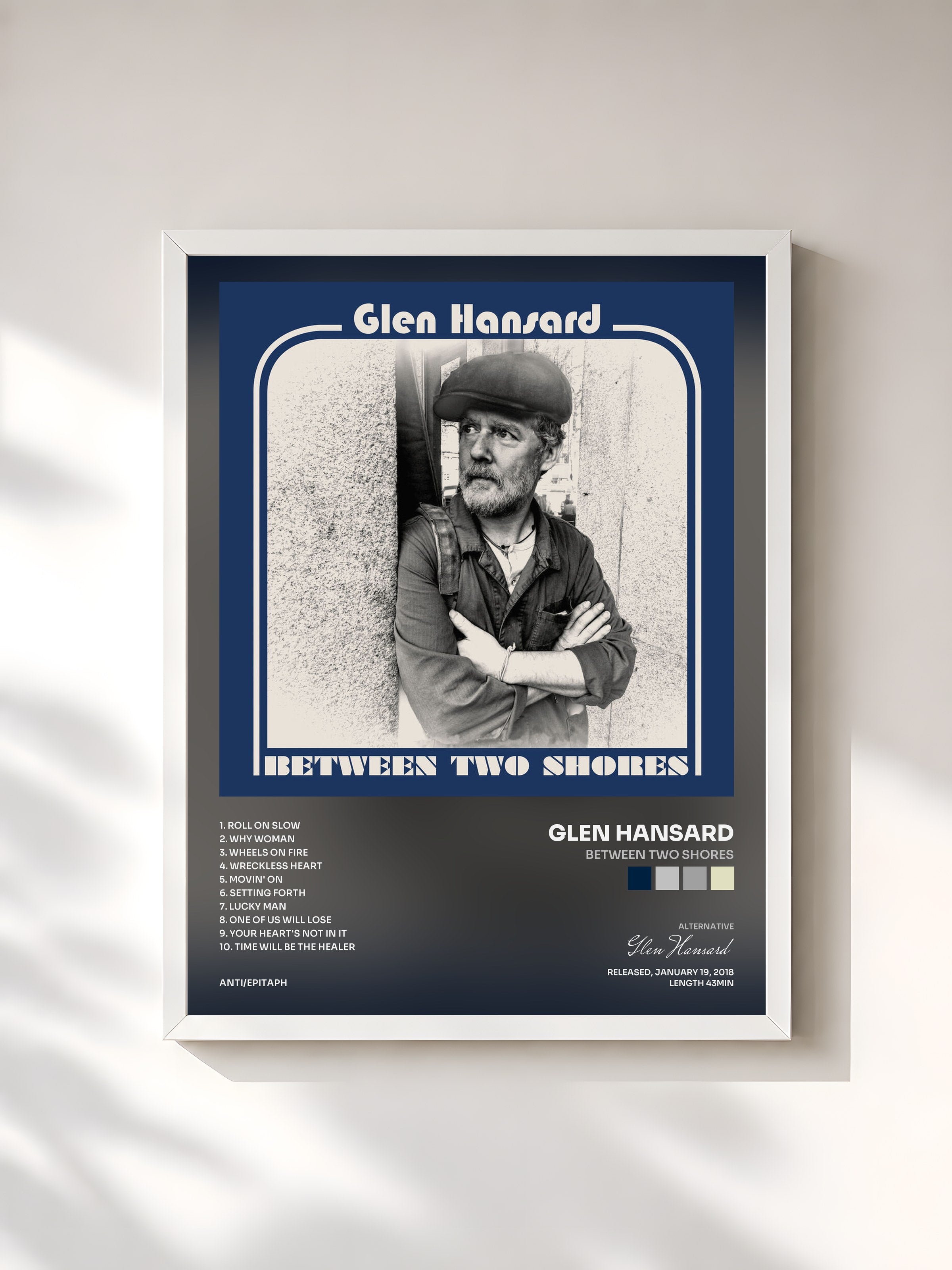 #blanc Tableau de l'album Between Two Shores de Glen Hansard, cadre blanc, imprimé et encadré en France