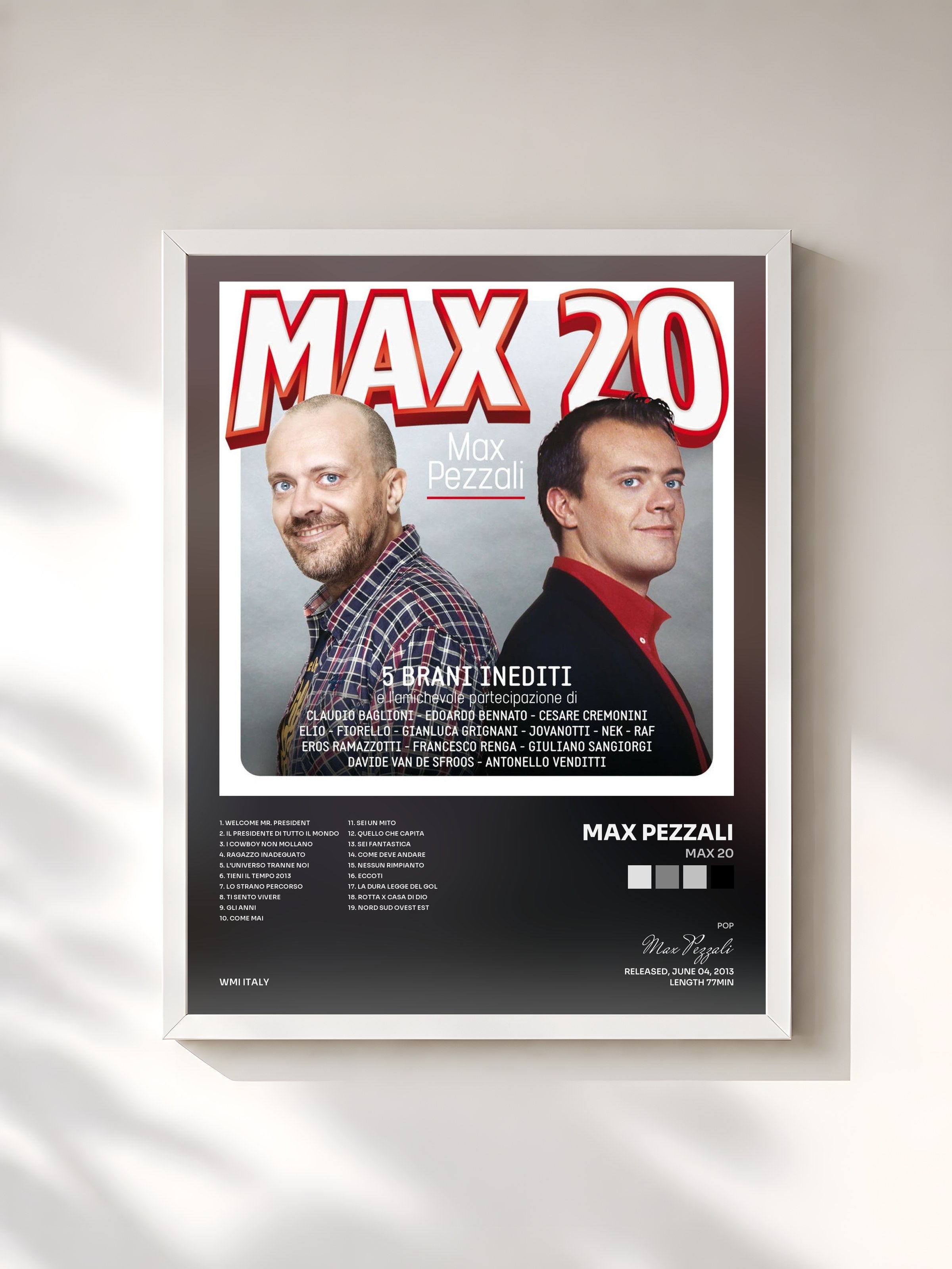 #blanc Tableau de l'album MAX 20 de Max Pezzali, cadre blanc, imprimé et encadré en France