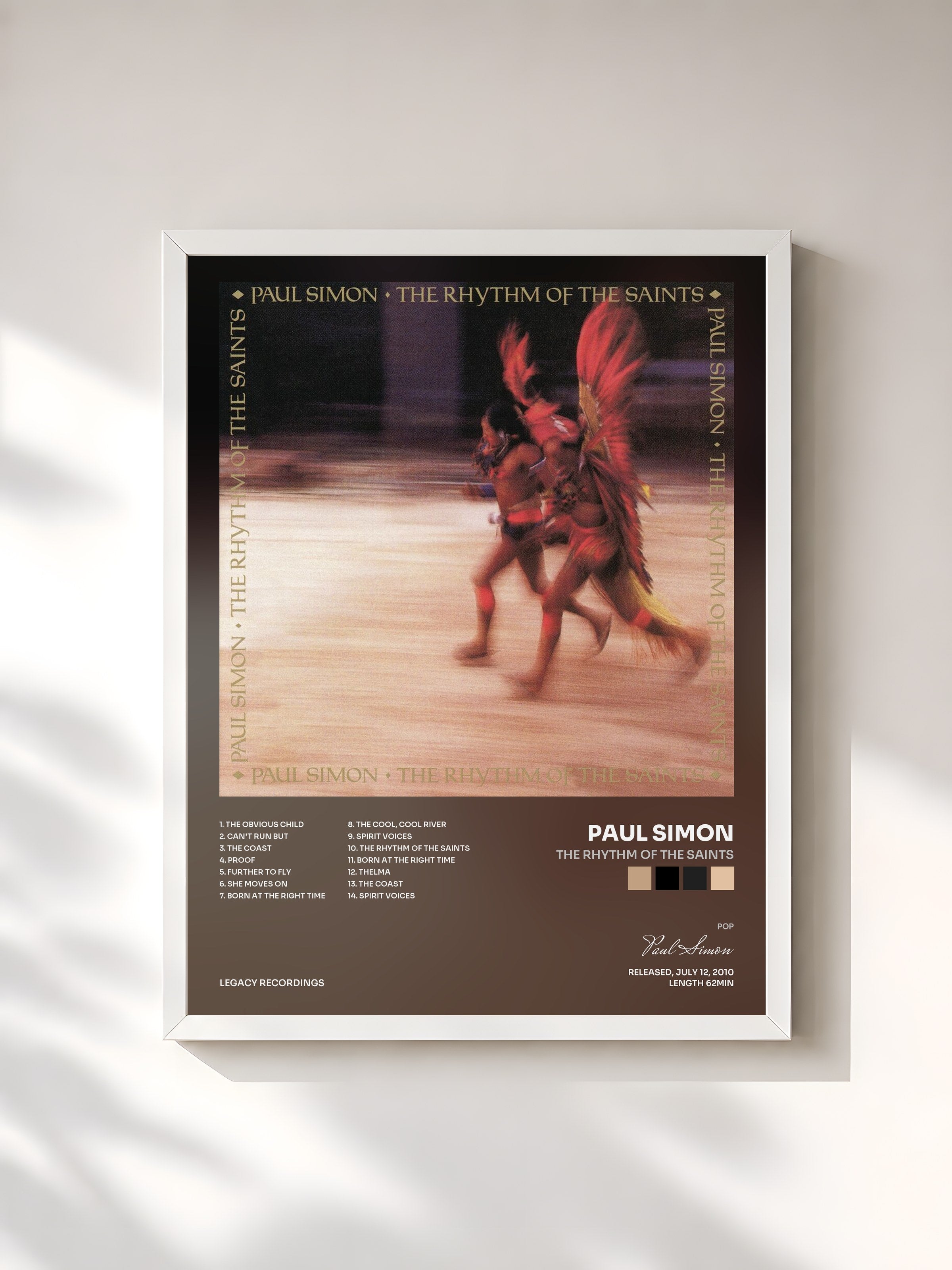 #blanc Tableau de l'album The Rhythm Of The Saints de Paul Simon, cadre blanc, imprimé et encadré en France