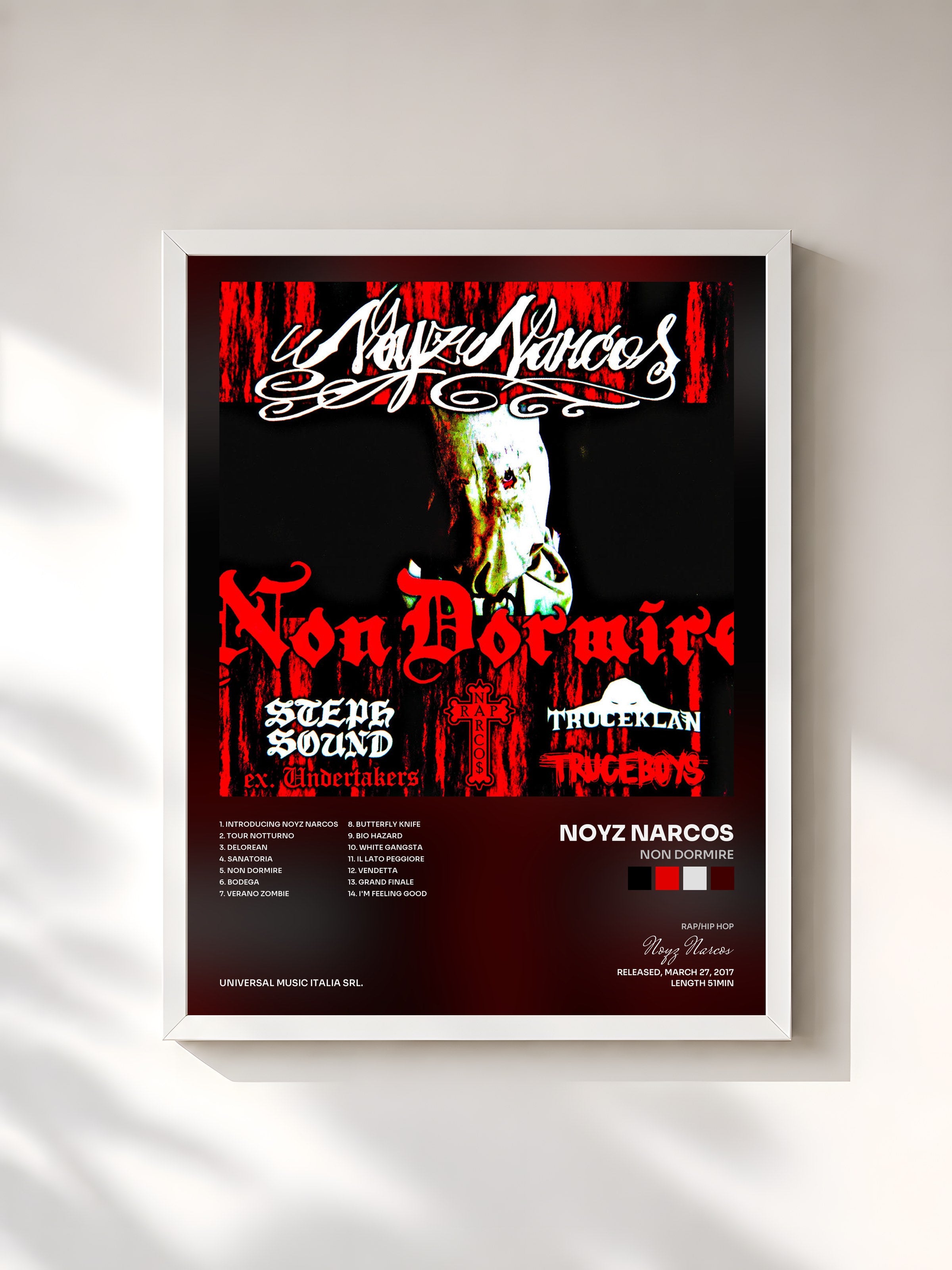 #blanc Tableau de l'album Non Dormire de Noyz Narcos, cadre blanc, imprimé et encadré en France