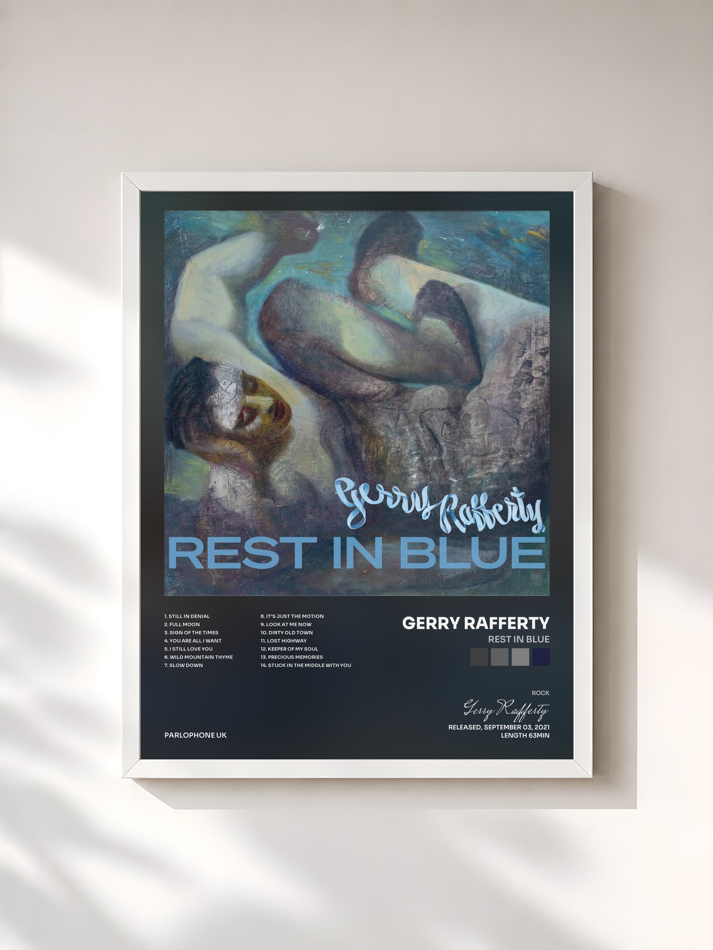 #blanc Tableau de l'album Rest In Blue de Gerry Rafferty, cadre blanc, imprimé et encadré en France