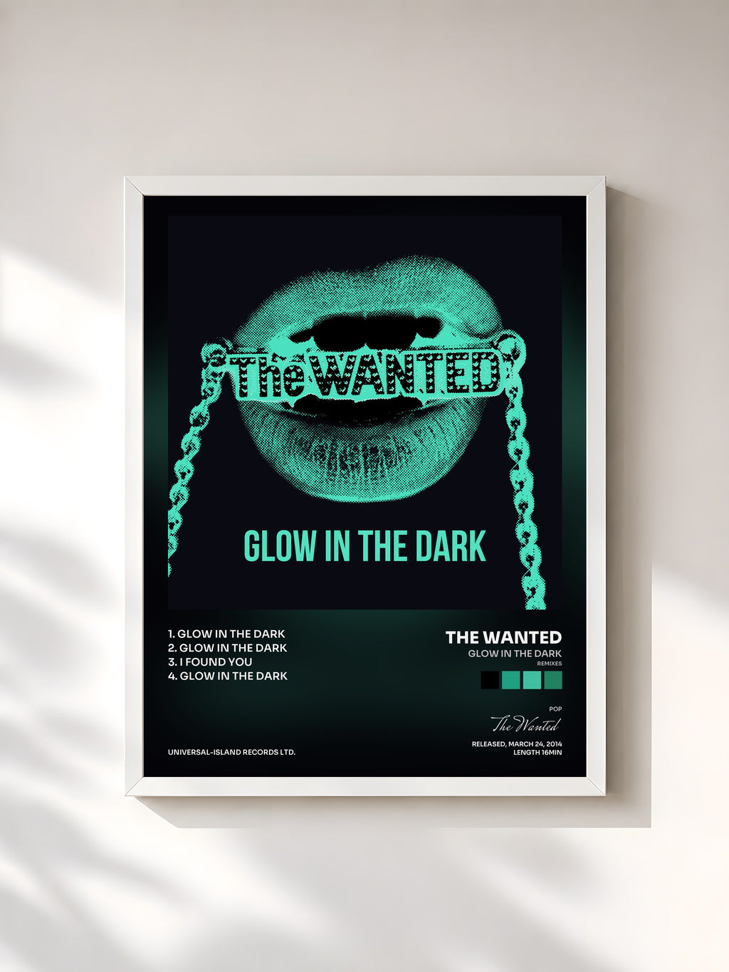 #blanc Tableau de l'album Glow In The Dark (Remixes) de The Wanted, cadre blanc, imprimé et encadré en France