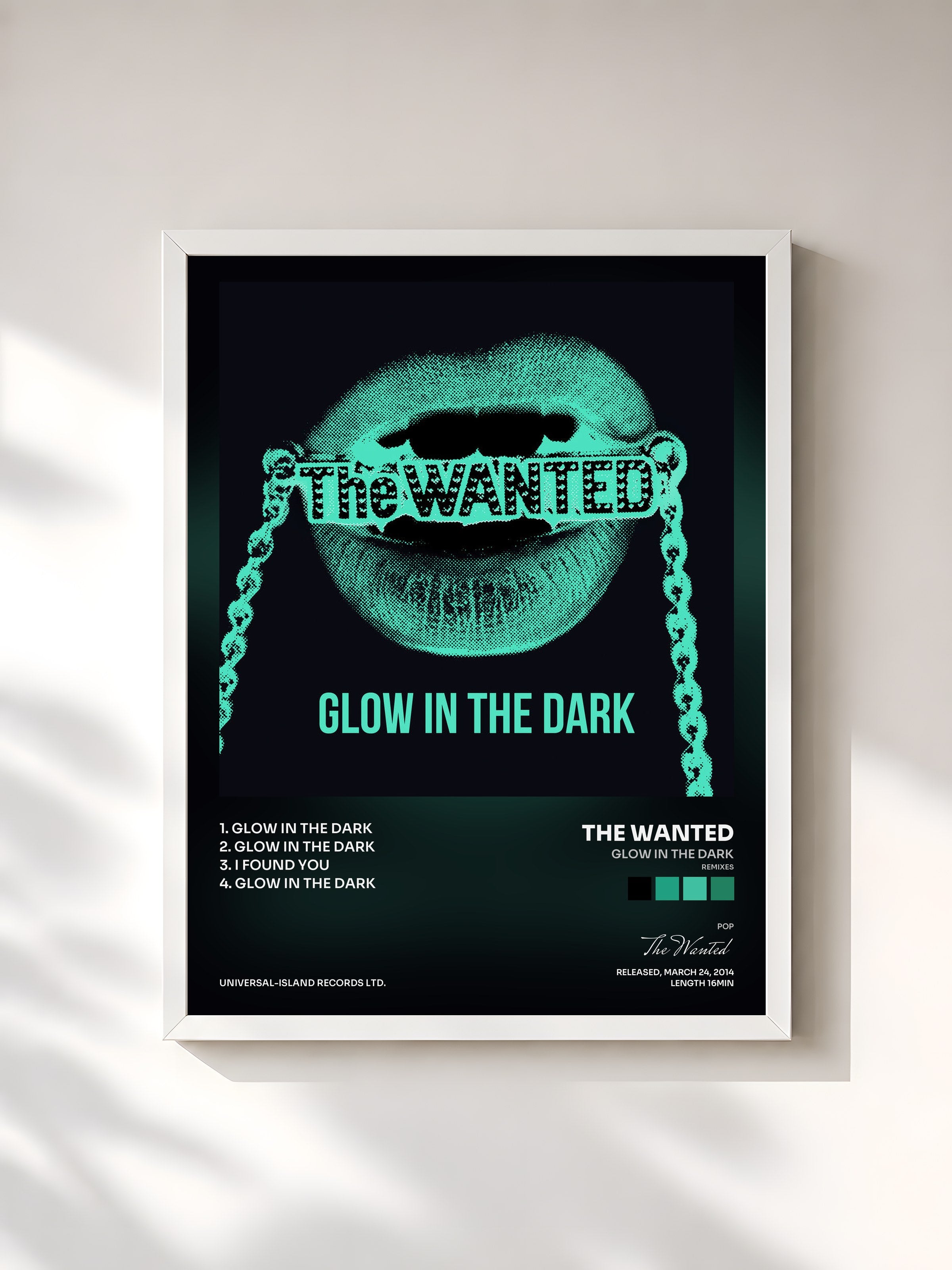 #blanc Tableau de l'album Glow In The Dark (Remixes) de The Wanted, cadre blanc, imprimé et encadré en France
