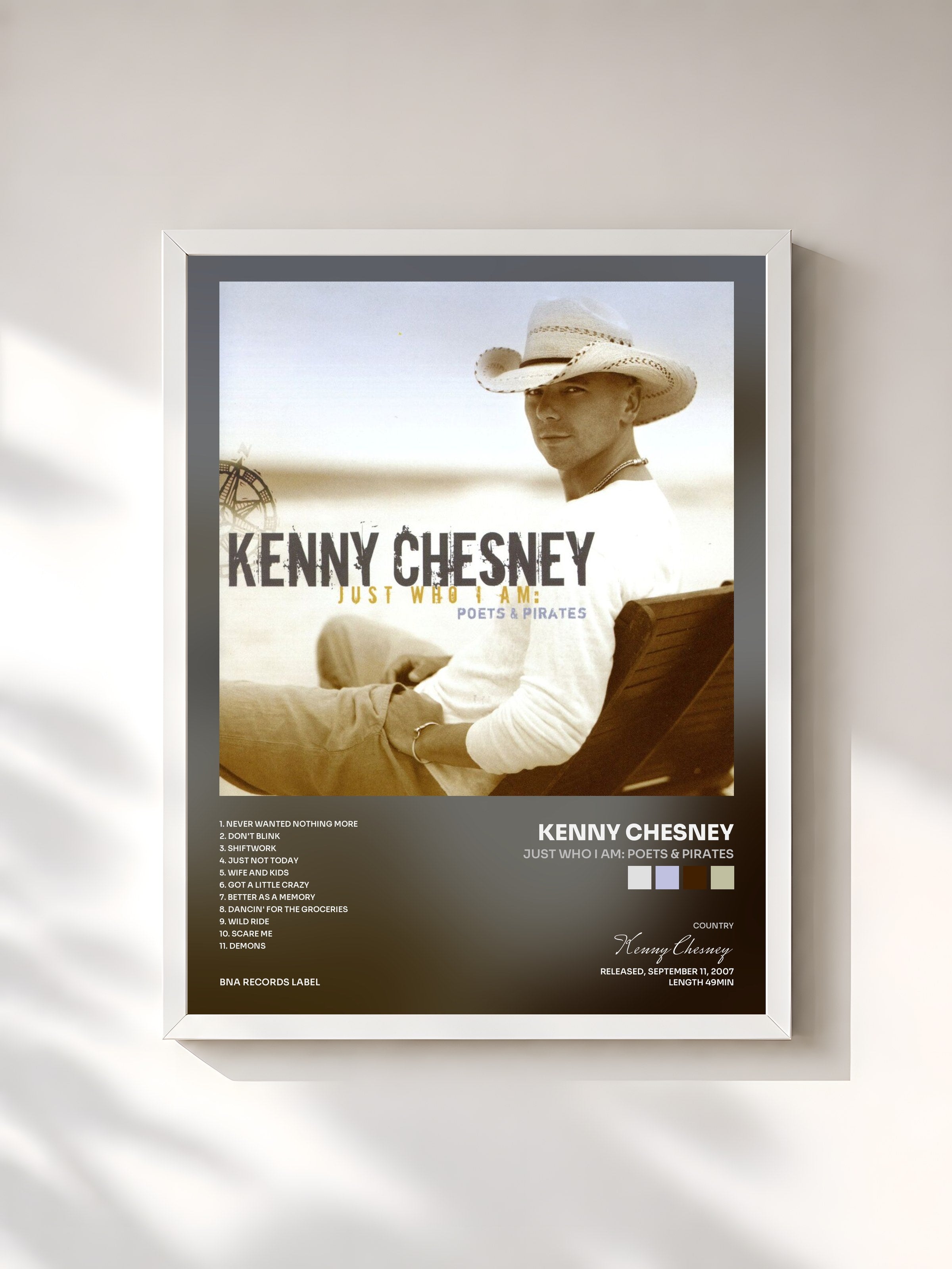 #blanc Tableau de l'album Just Who I Am: Poets & Pirates de Kenny Chesney, cadre blanc, imprimé et encadré en France