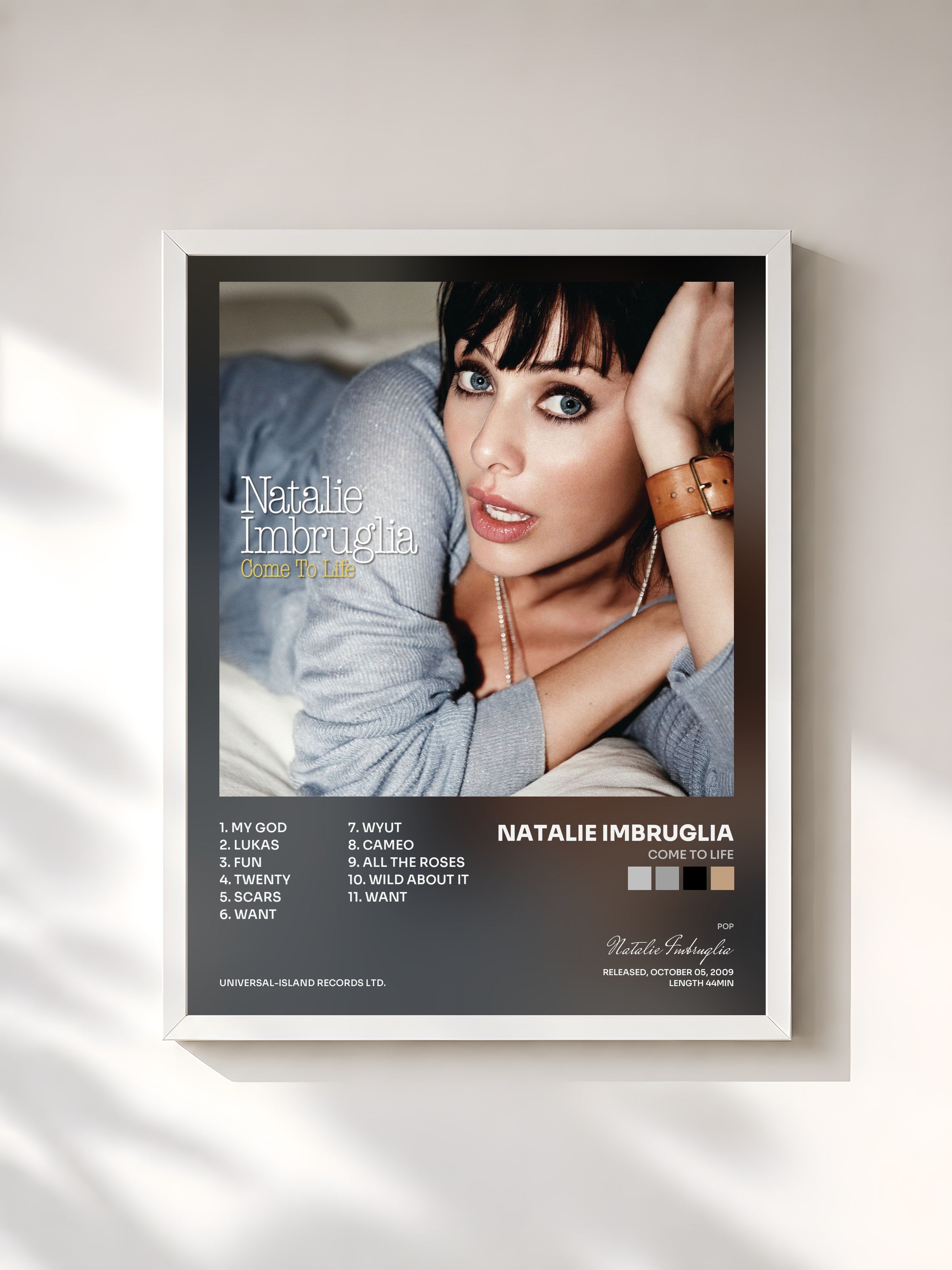 #blanc Tableau de l'album Come To Life de Natalie Imbruglia, cadre blanc, imprimé et encadré en France
