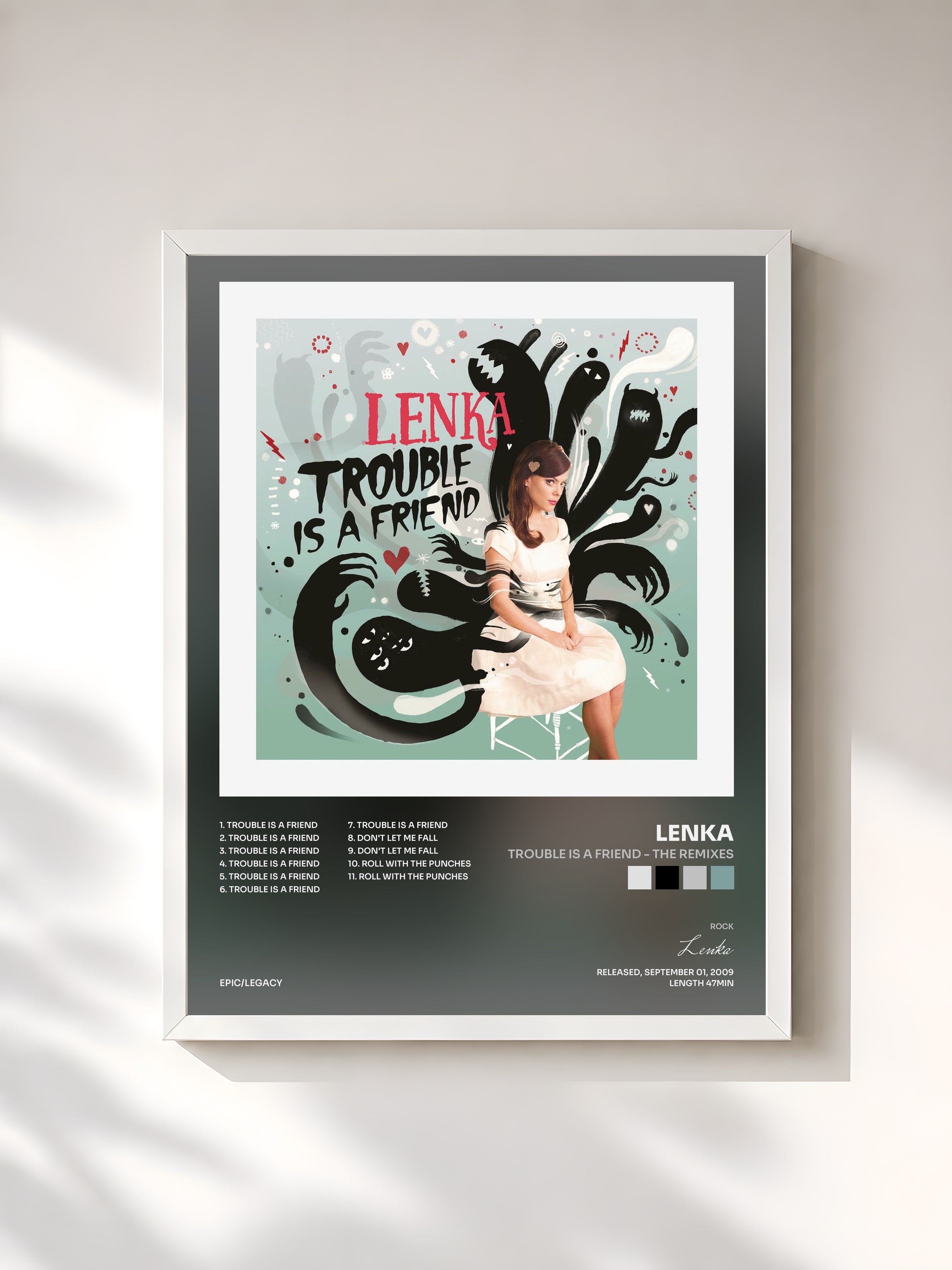 #blanc Tableau de l'album Trouble Is A Friend - The Remixes de Lenka, cadre blanc, imprimé et encadré en France