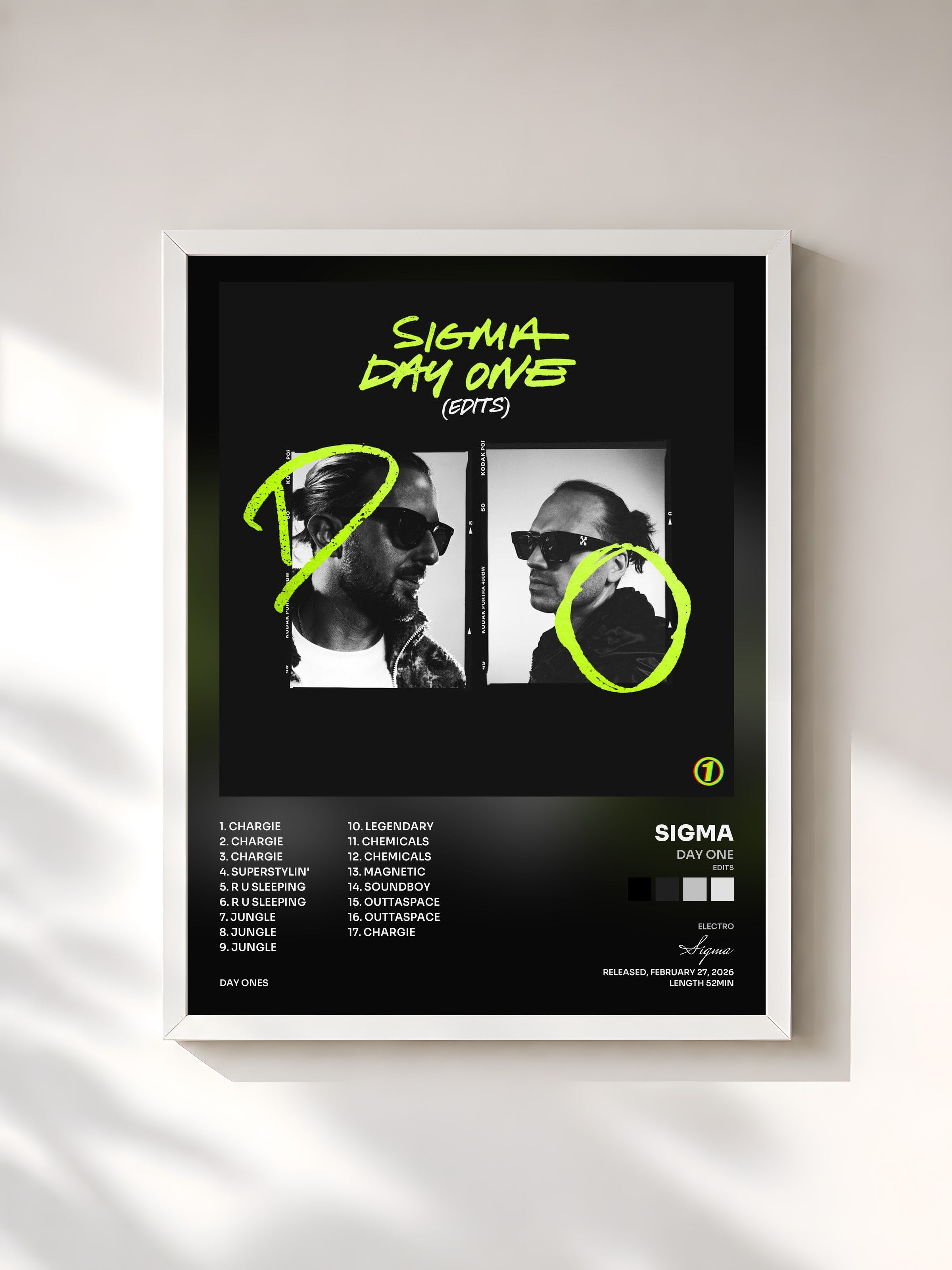 #blanc Tableau de l'album DAY ONE (Edits) de Sigma, cadre blanc, imprimé et encadré en France