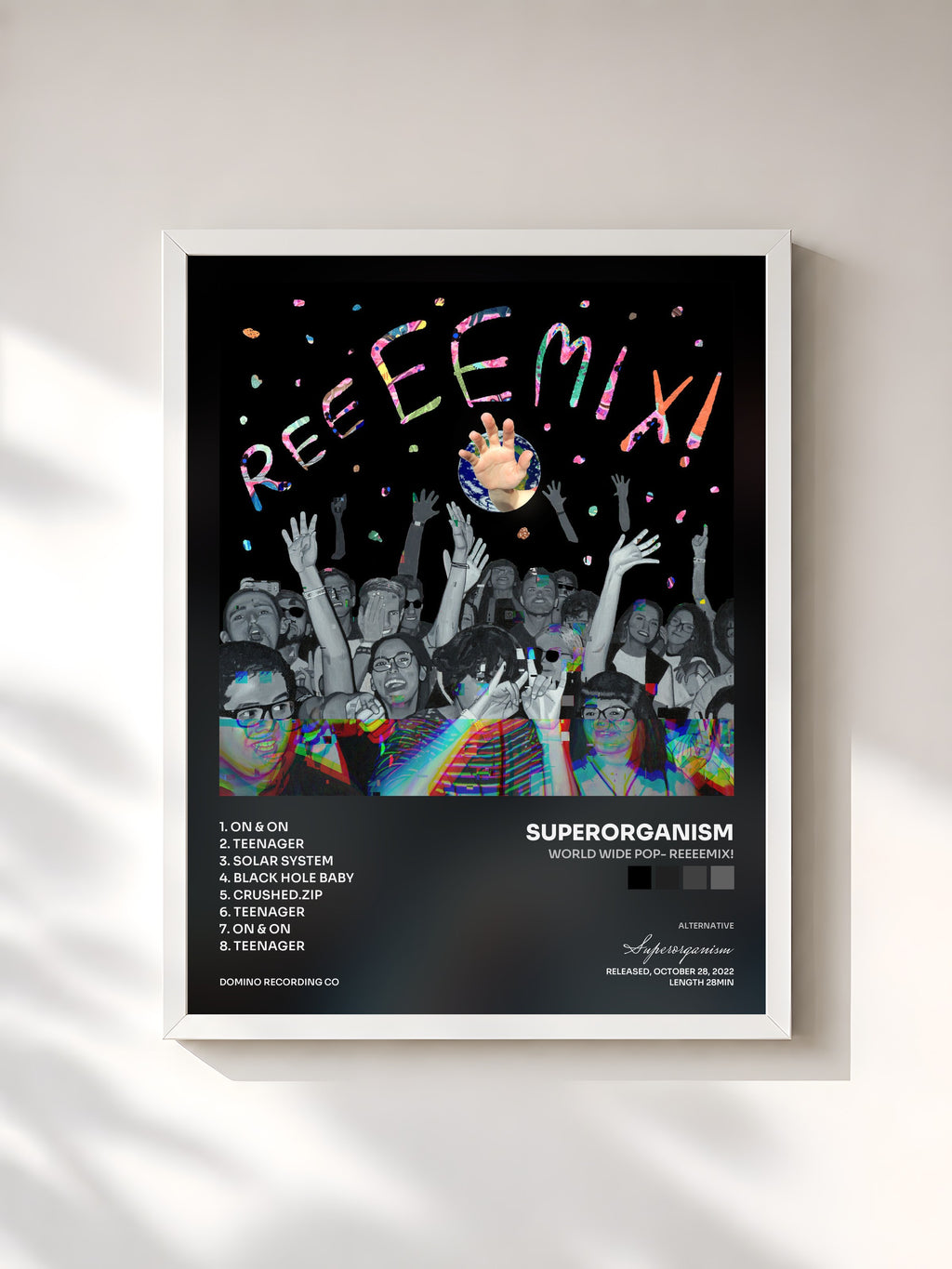 #blanc World Wide Pop- Reeeemix! by Superorganism as a framed art print, white frame, printed and framed in France