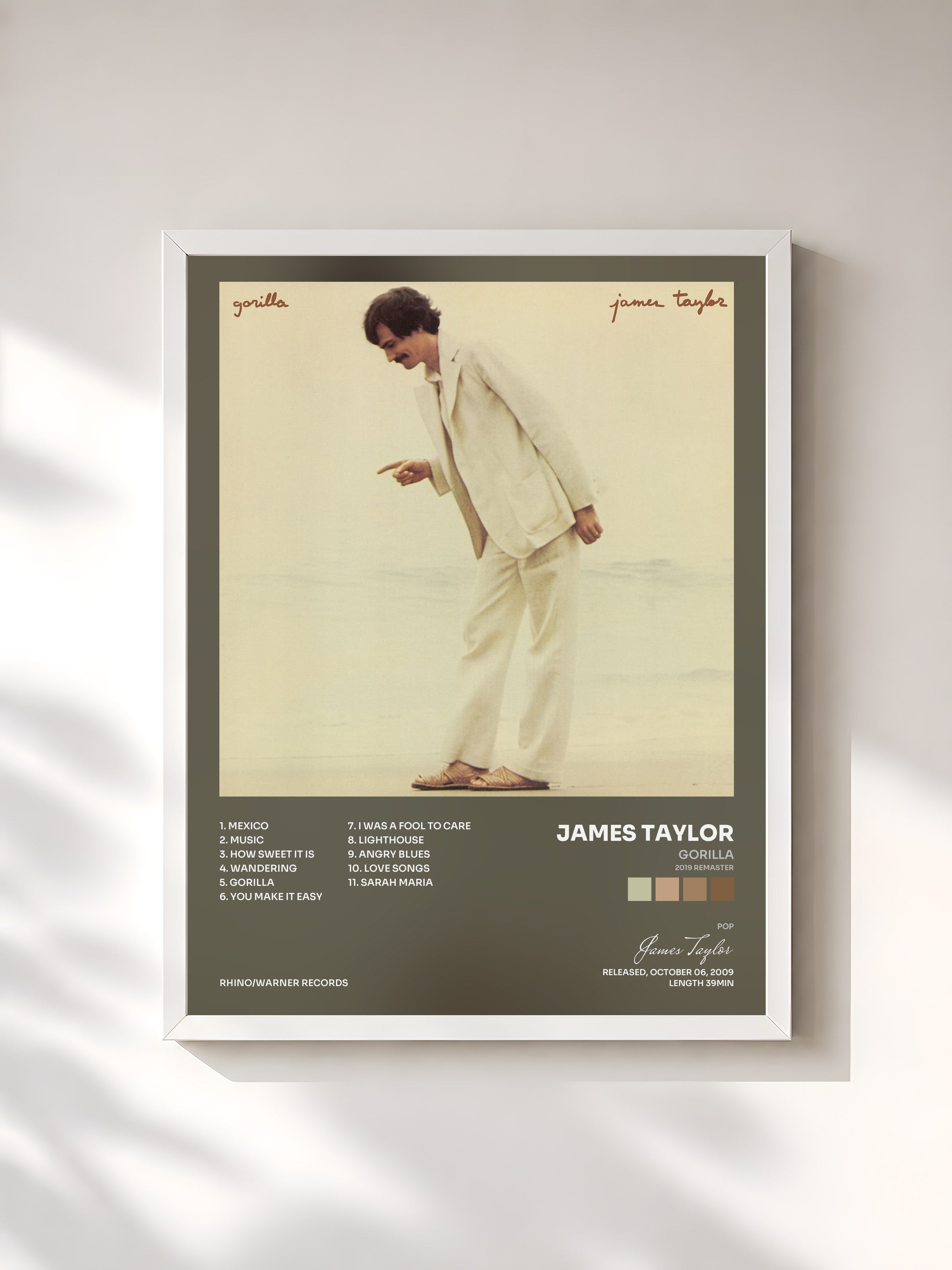 #blanc Tableau de l'album Gorilla (2019 Remaster) de James Taylor, cadre blanc, imprimé et encadré en France